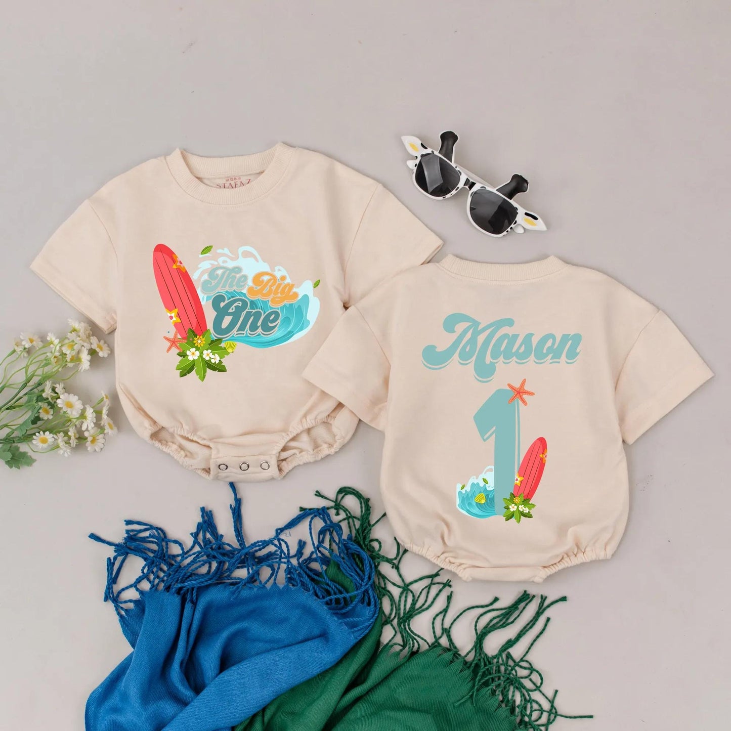 Surf's Up! 1st Birthday Romper for Baby Boy - Personalized The Big One Summer Outfit & Tropical Beach Party Gift (140 chars)