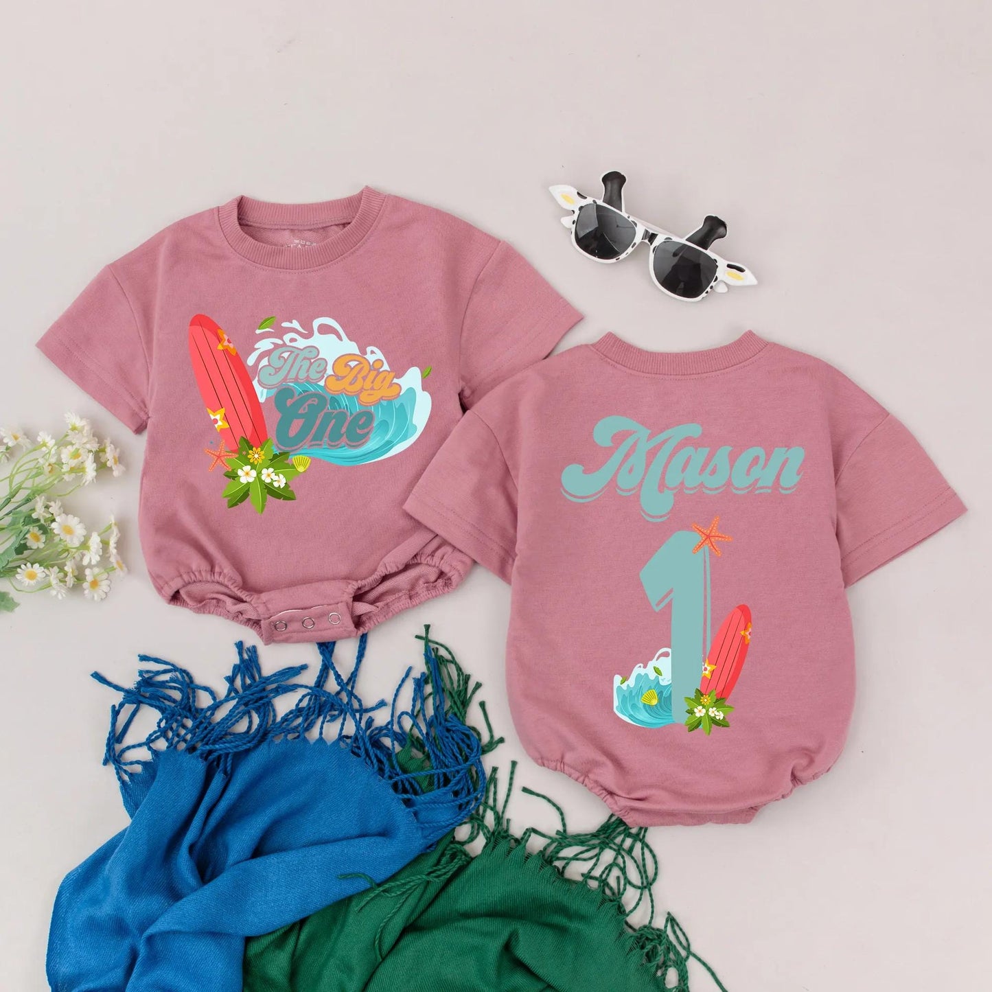 Surf's Up! 1st Birthday Romper for Baby Boy - Personalized The Big One Summer Outfit & Tropical Beach Party Gift (140 chars)