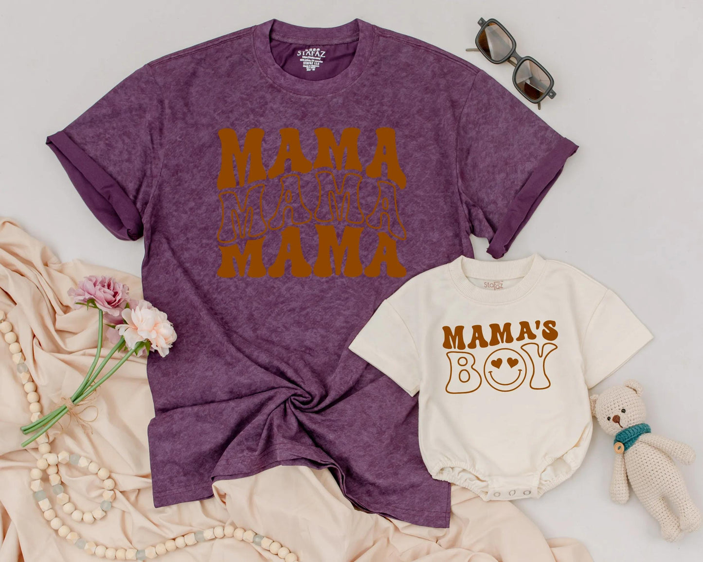 Retro Mama & Mama's Boy Matching Family Outfit Groovy Vintage Tee & Bodysuit Set Mom & Baby Gift Cute Mother's Day Aesthetic