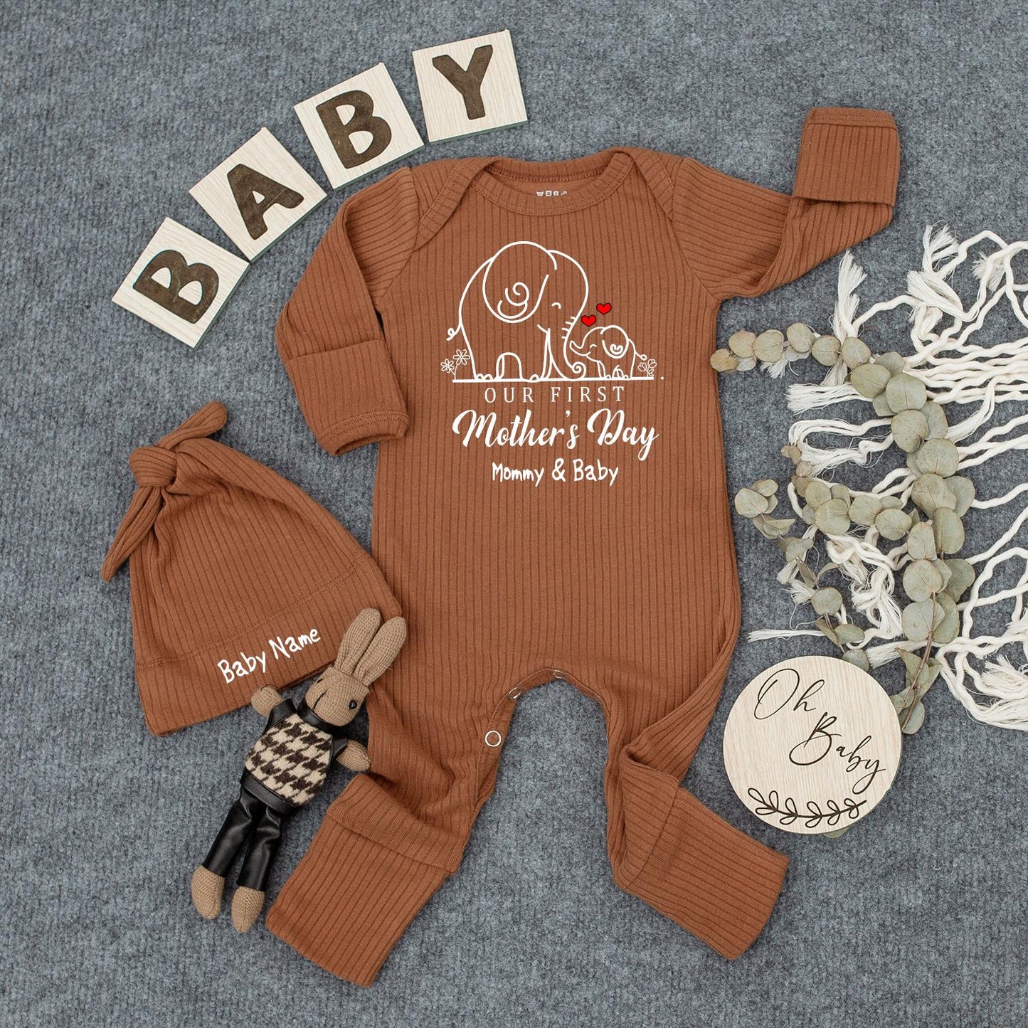 Personalized First Mother's Day Baby Bodysuit Outfit with Hat - Sweet Mommy & Baby Elephant Design - Custom Name Newborn Romper, Cute Gift 138