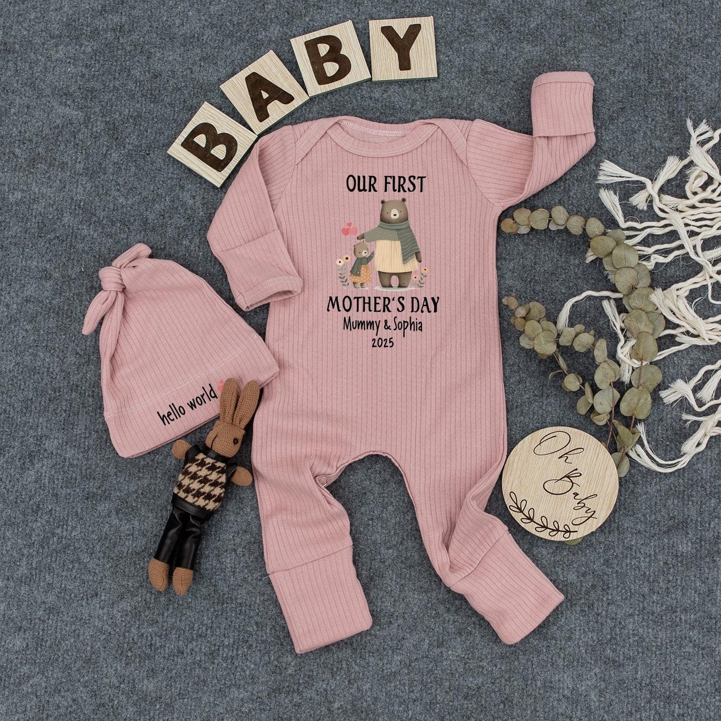 Our First Mother's Day 2025 Outfit, Bears with Heart, Custom Name Baby Romper & Hat, Earthy Floral Newborn Gift for Mommy & Sophia, Cute Bodysuit