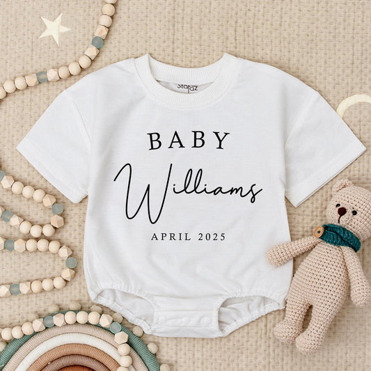 Personalized Baby Name Announcement Romper Bodysuit Custom Expected Month Coming Soon Newborn Arrival Gift Minimalist Modern Design