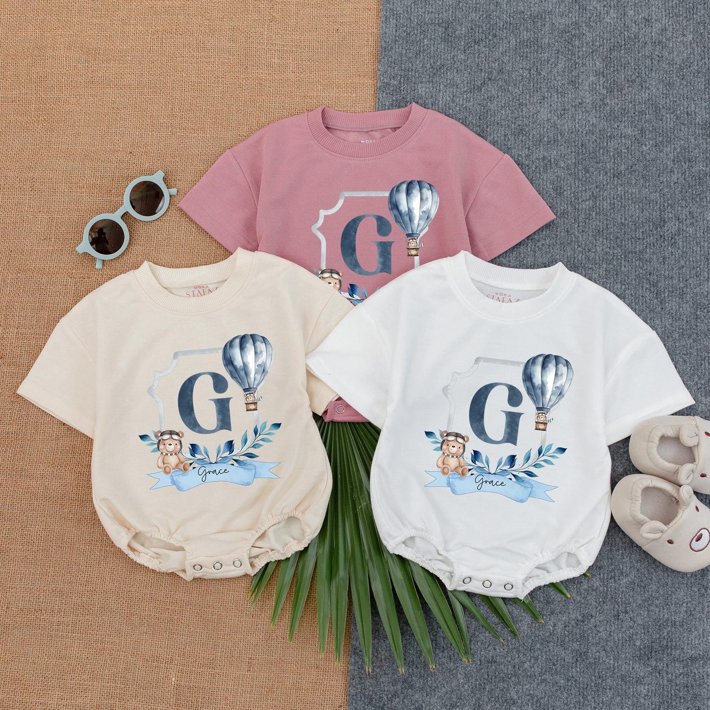 Personalized Blue Hot Air Balloon Boy First Birthday Outfit Mr Onederful Name T-Shirt Bubble Romper Baby Shower Gift Clothes