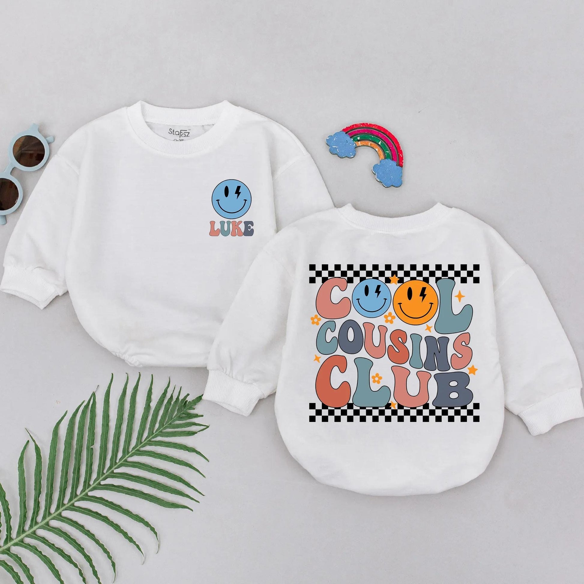 Cool Cousins Club Romper Set: Retro Smiley Face Design Baby & Toddler Outfit for Cousins, Newborn Shower Gift, Gender Neutral