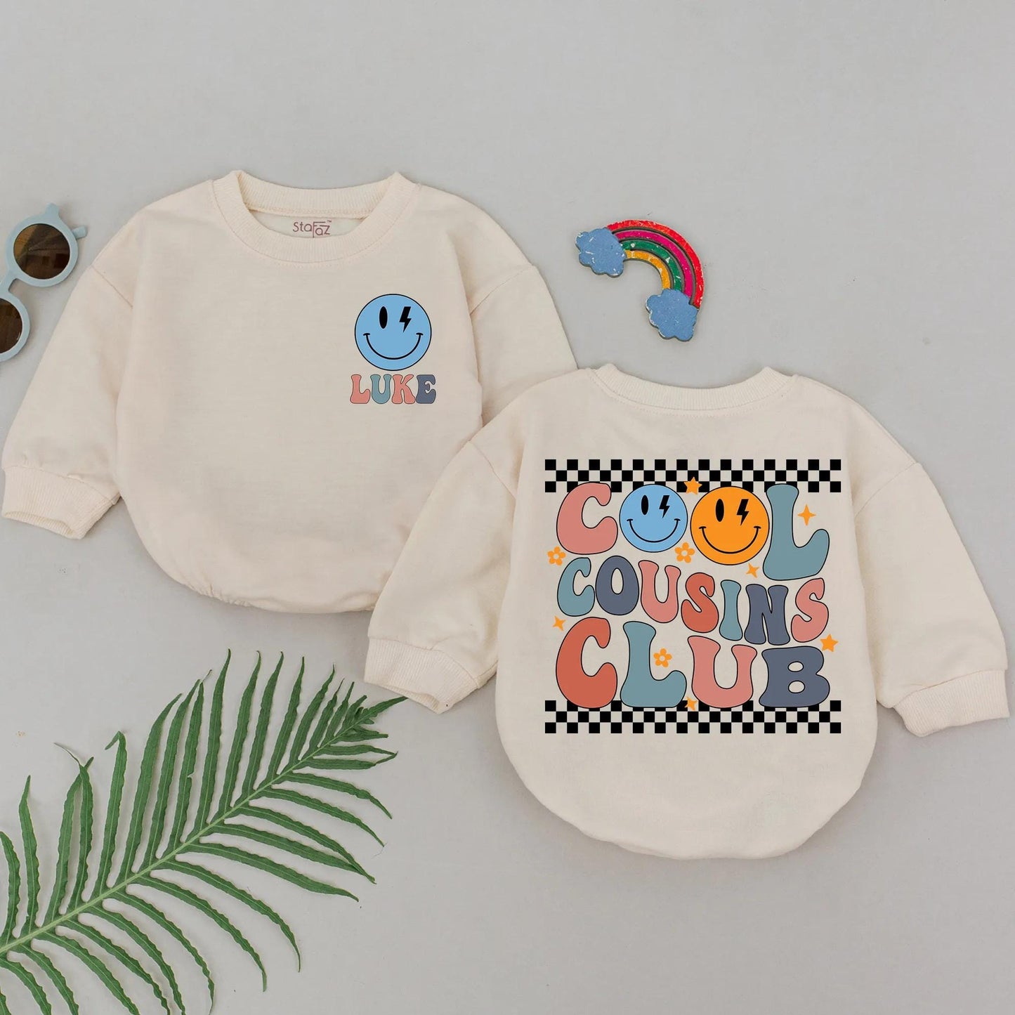Cool Cousins Club Romper Set: Retro Smiley Face Design Baby & Toddler Outfit for Cousins, Newborn Shower Gift, Gender Neutral