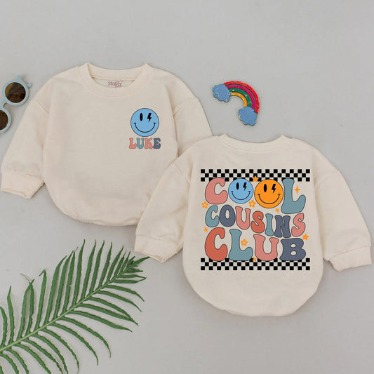 Cool Cousins Club Romper Set: Retro Smiley Face Design Baby & Toddler Outfit for Cousins, Newborn Shower Gift, Gender Neutral
