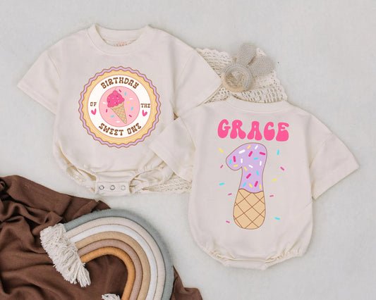 Sweet One Ice Cream 1st Birthday Outfit Baby Girl Romper Custom Name Cake Smash Gift Infant Toddler Clothes