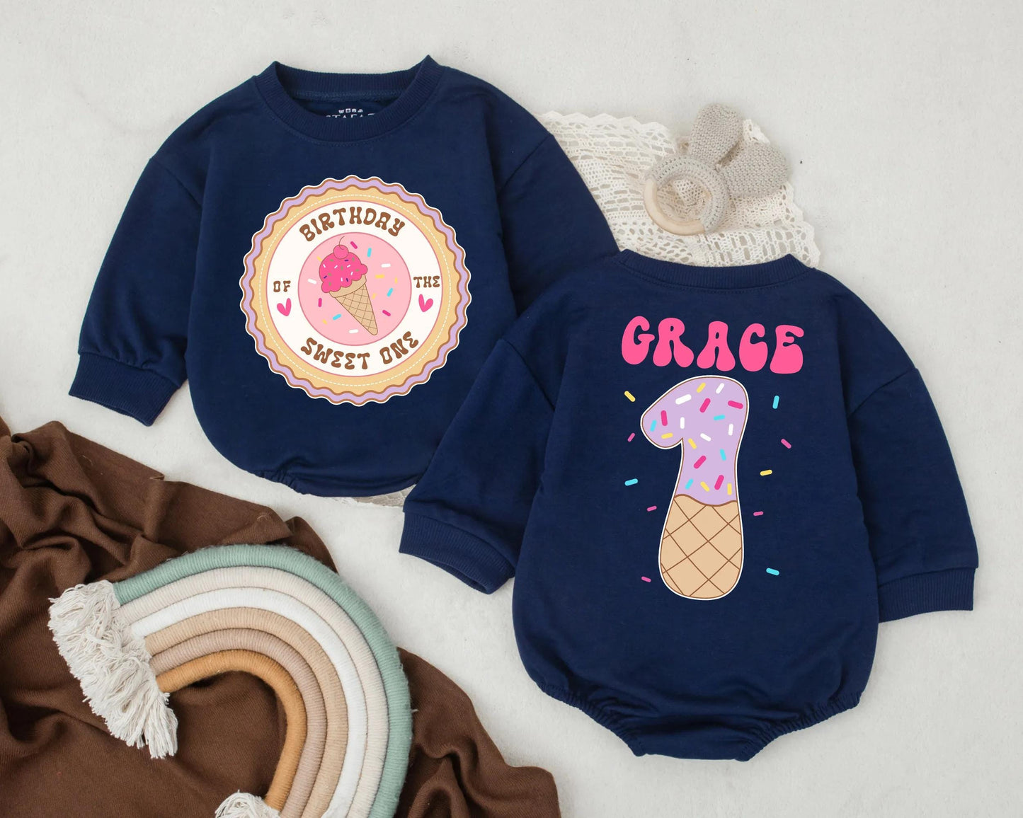 Sweet One Ice Cream 1st Birthday Outfit Baby Girl Romper Custom Name Cake Smash Gift Infant Toddler Clothes