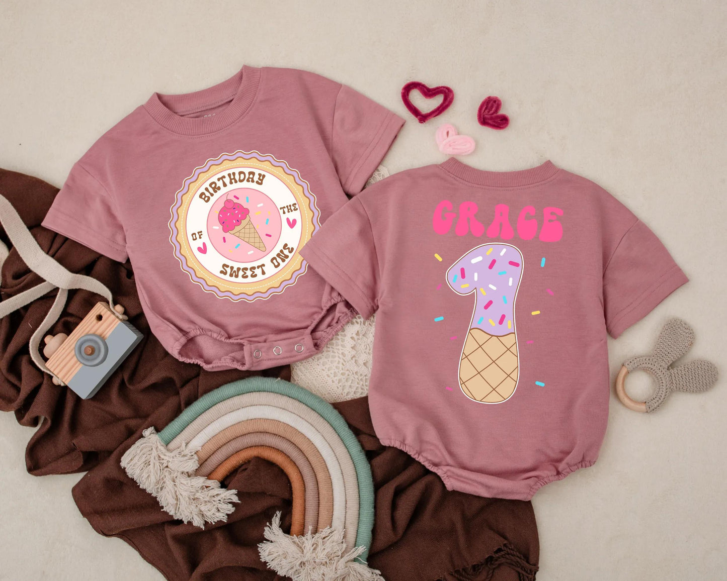 Sweet One Ice Cream 1st Birthday Outfit Baby Girl Romper Custom Name Cake Smash Gift Infant Toddler Clothes