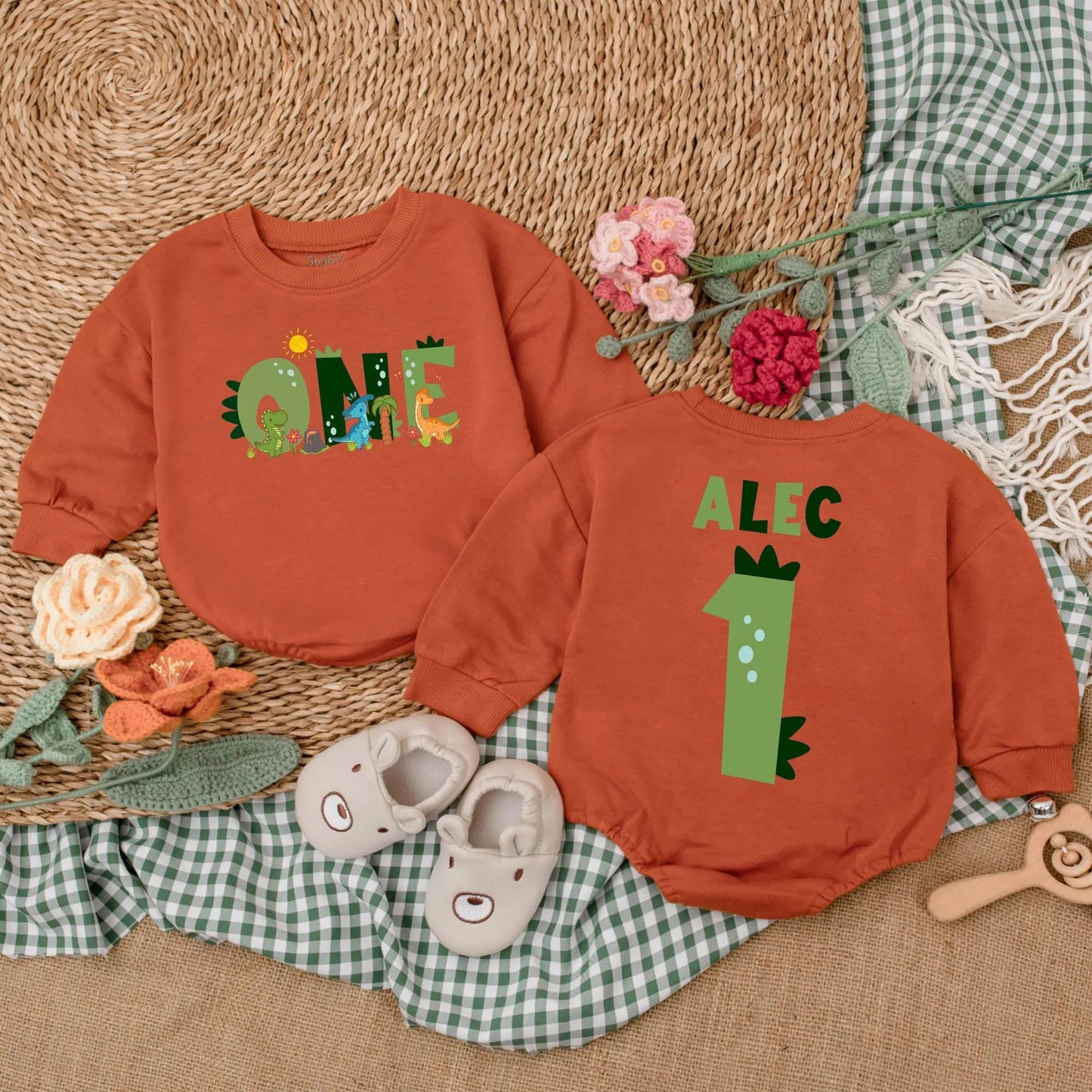 Custom One-A-Saurus Dinosaur 1st Birthday Romper for Boy, Cute Dino Party Outfit, Personalized Baby Bodysuit Gift