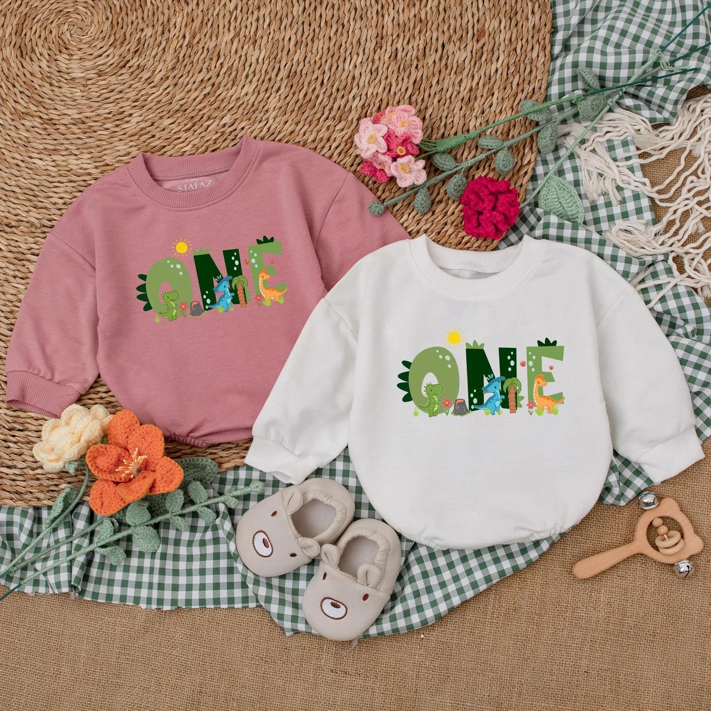 Custom One-A-Saurus Dinosaur 1st Birthday Romper for Boy, Cute Dino Party Outfit, Personalized Baby Bodysuit Gift