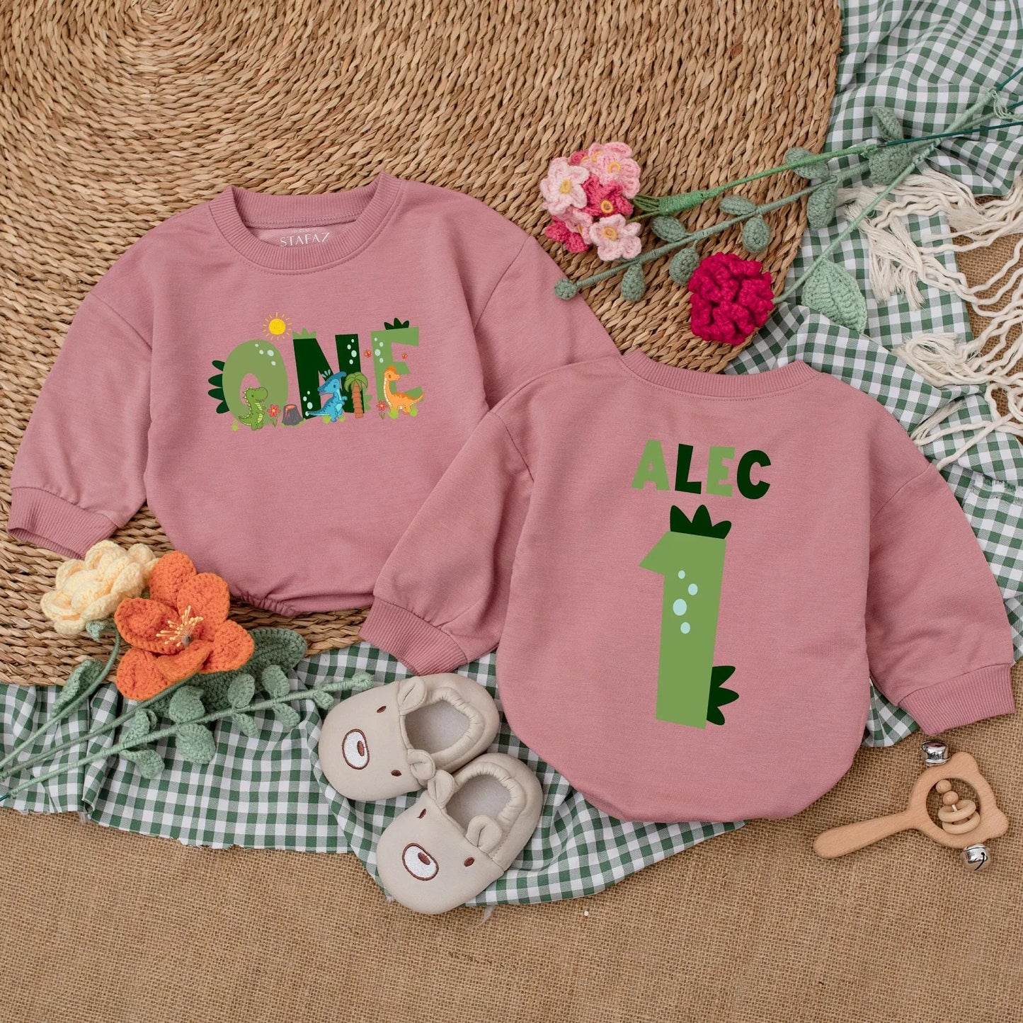 Custom One-A-Saurus Dinosaur 1st Birthday Romper for Boy, Cute Dino Party Outfit, Personalized Baby Bodysuit Gift