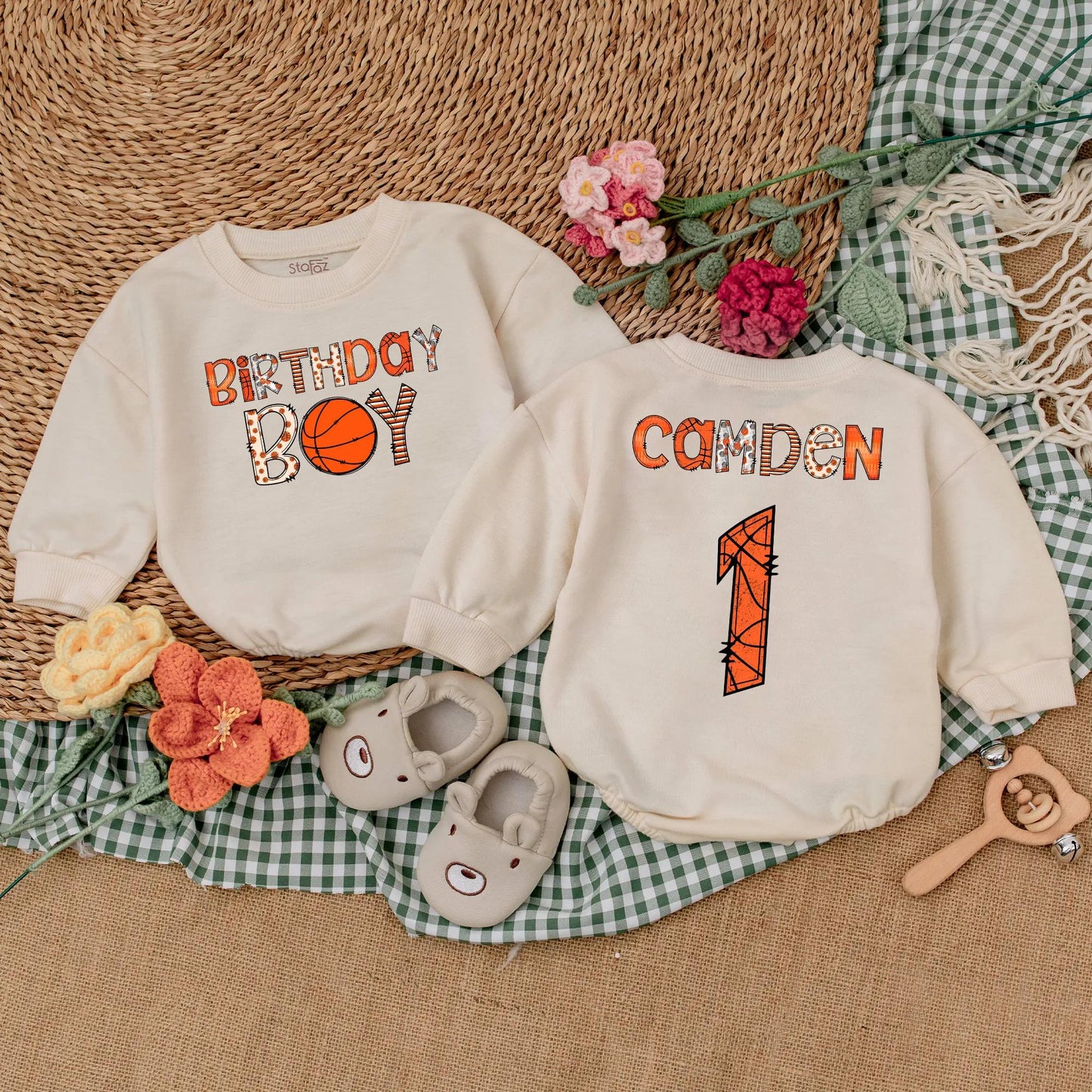 Custom Basketball Birthday Boy Romper Personalized Age Bodysuit Fun Game Day Outfit Baby Boy First Birthday Baseball Theme Gift