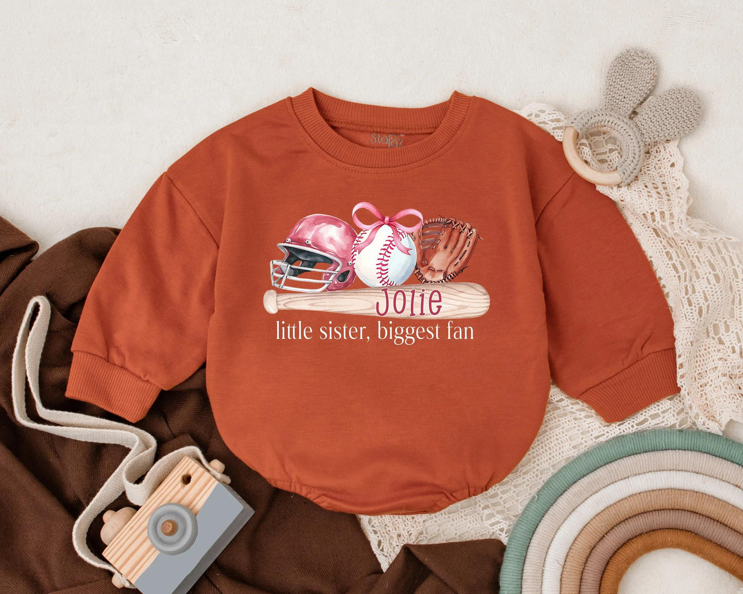 Personalized Softball Bubble Romper Baby Girl Baseball Bodysuit Little Sister Gift Newborn Sports Outfit