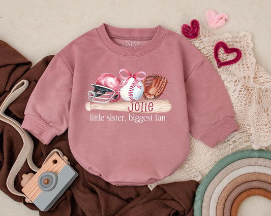 Personalized Softball Bubble Romper Baby Girl Baseball Bodysuit Little Sister Gift Newborn Sports Outfit