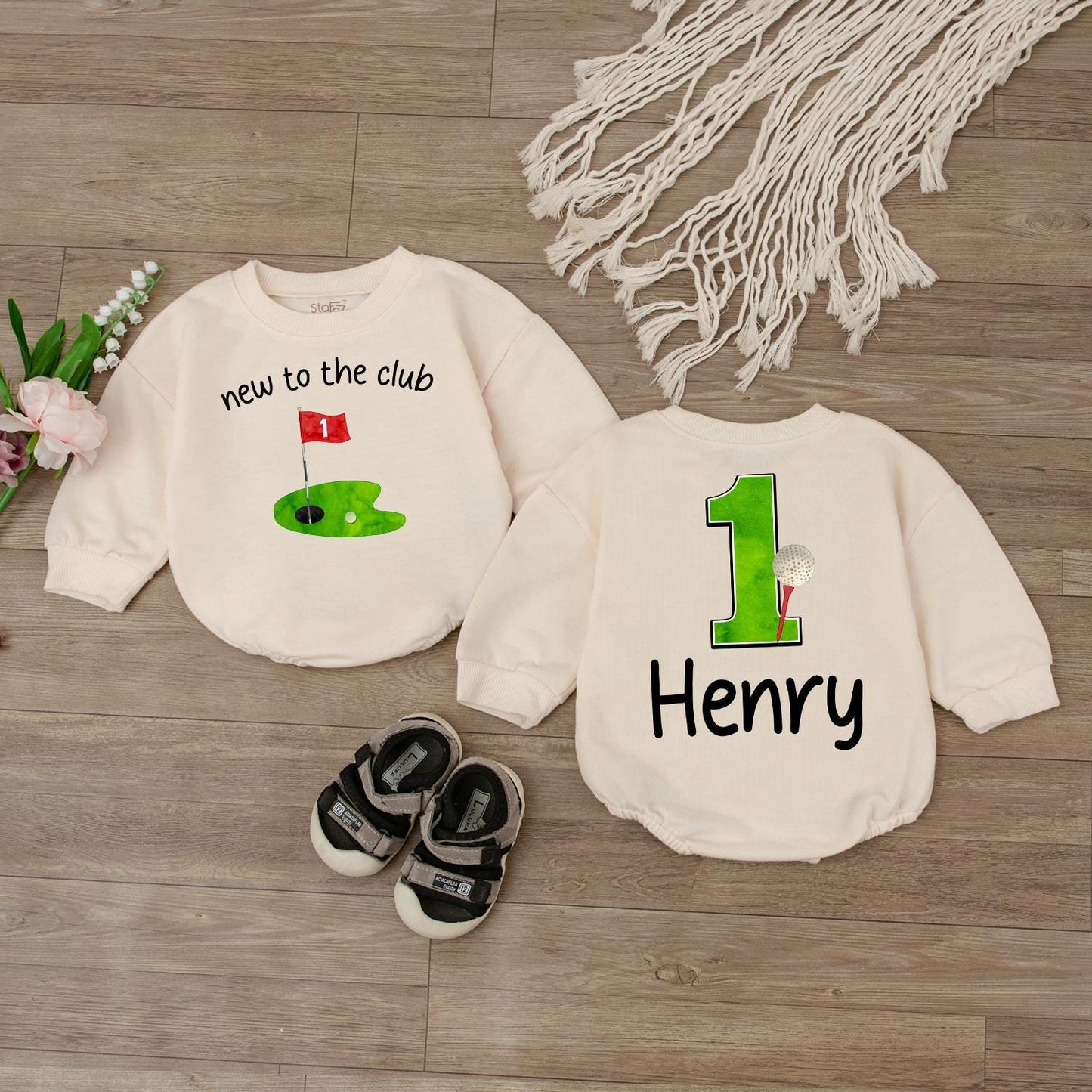 Retro Golf First Birthday Baby Bubble Romper Custom Name Golf Theme Baby Boy Smash Cake Outfit