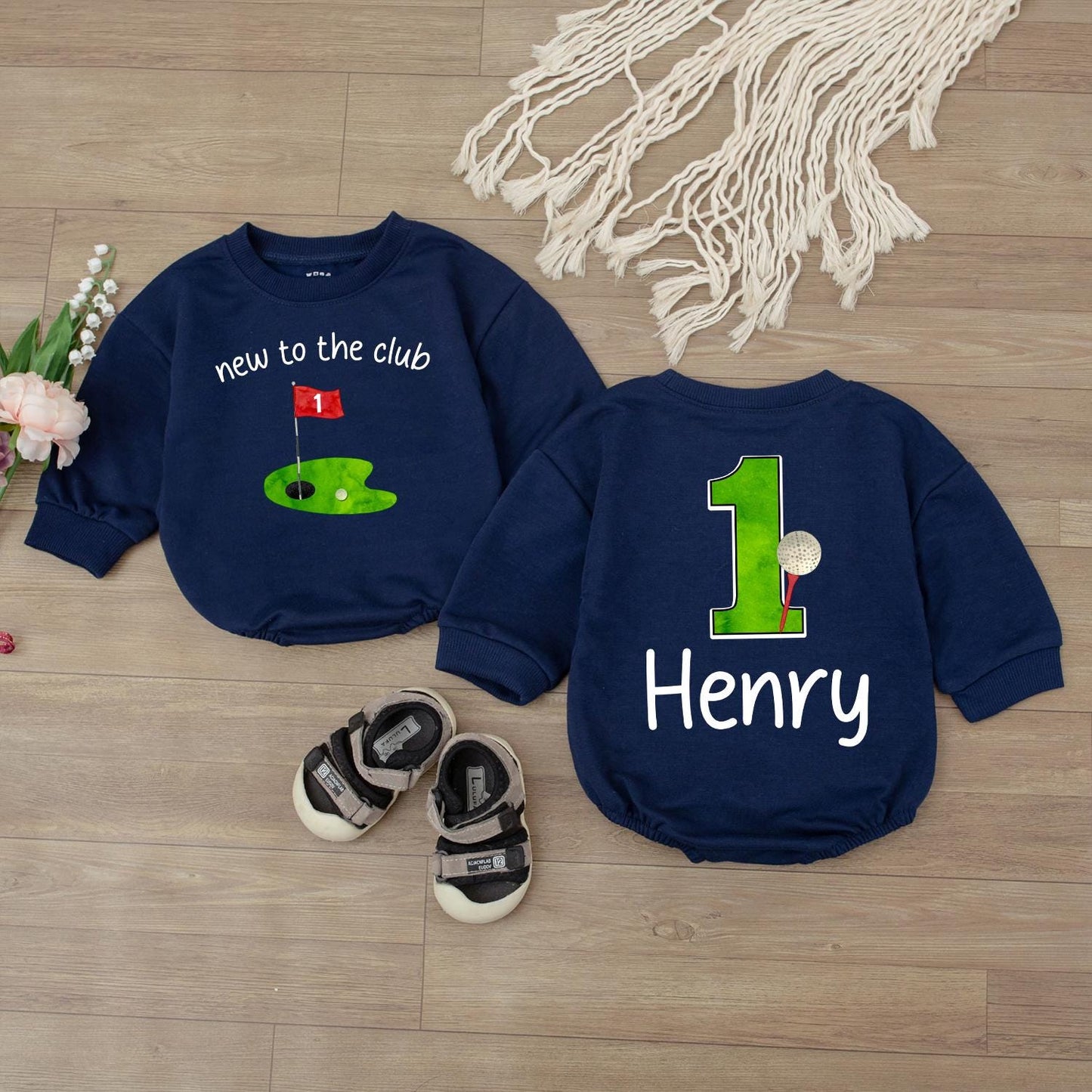 Retro Golf First Birthday Baby Bubble Romper Custom Name Golf Theme Baby Boy Smash Cake Outfit
