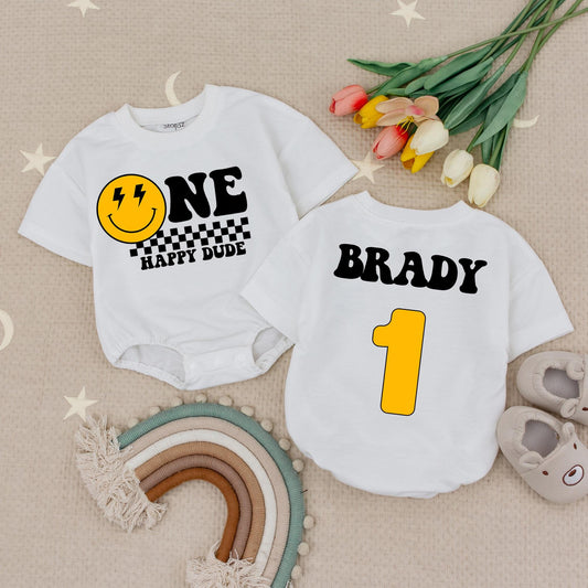Custom Brady 1st Birthday Romper One Happy Dude Smiley Face Retro Baby Outfit First Birthday Boy Gift