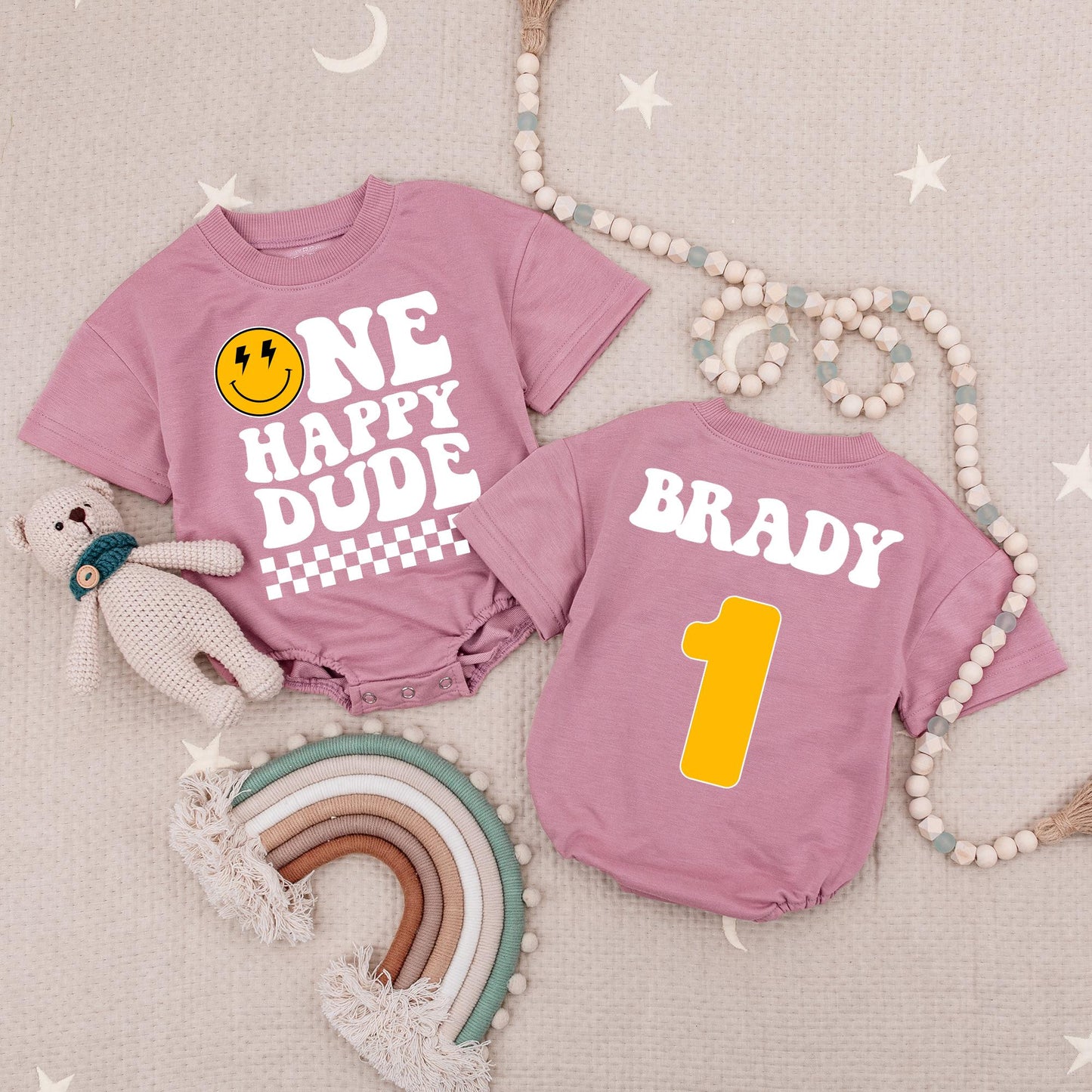 Custom One Happy Dude Baby Bodysuit Retro Smiley Face Lightning Eyes First Birthday Outfit Black Checkered Yellow Number One Design