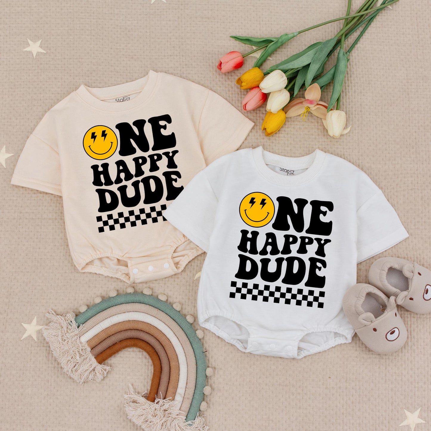 Custom One Happy Dude Baby Bodysuit Retro Smiley Face Lightning Eyes First Birthday Outfit Black Checkered Yellow Number One Design