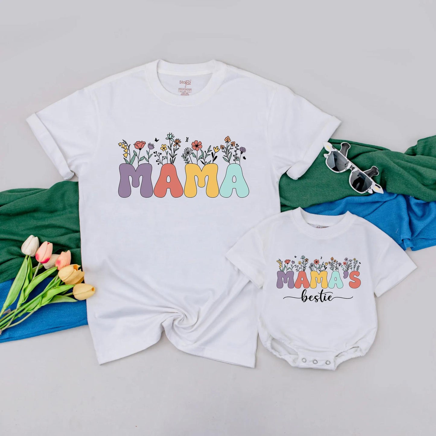 Personalized Mama and Mini Flower T-Shirts and Romper Matching Mom Daughter Outfit First Mother's Day Gift for New Moms Comfortable Cotton Set