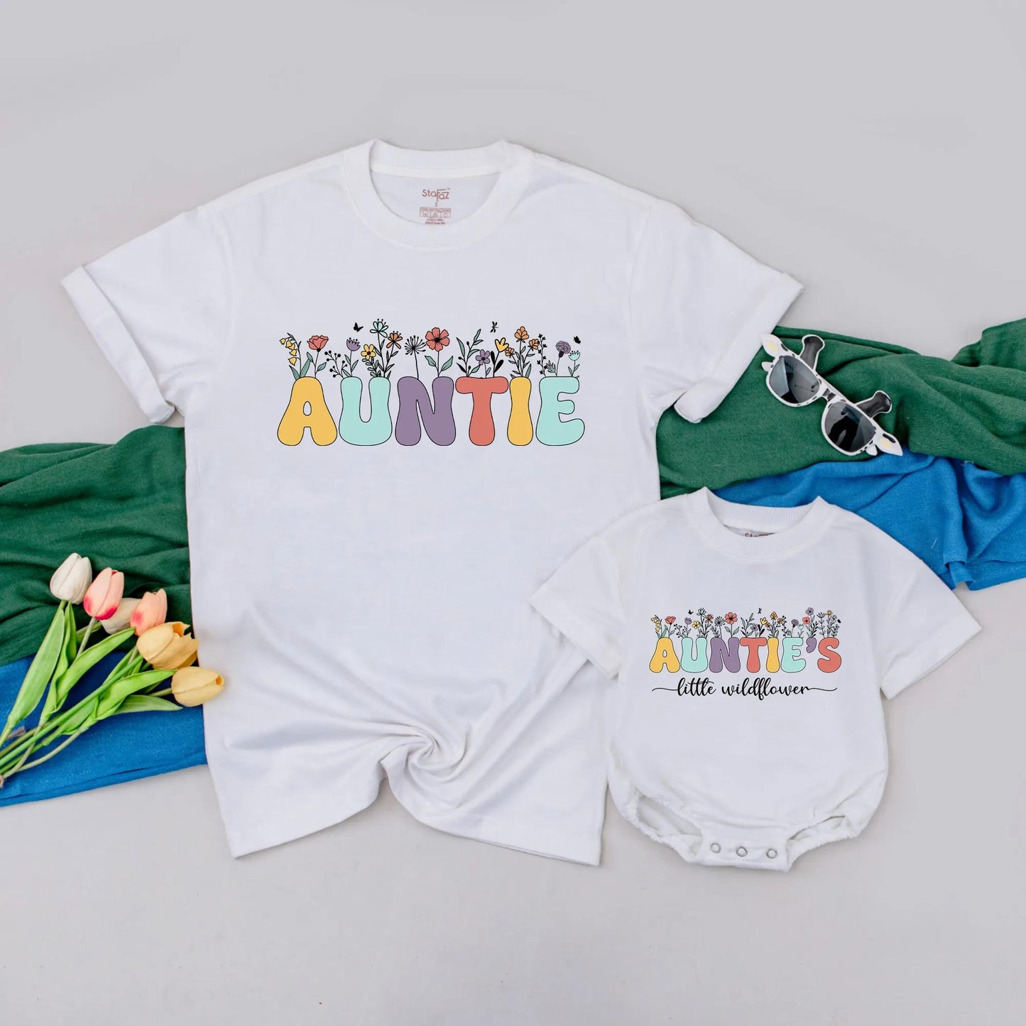 Personalized Auntie and Auntie's Little Wildflower Matching T-Shirts Auntie's Bestie Romper Aunt Nephew Tees Aunt Niece Gift