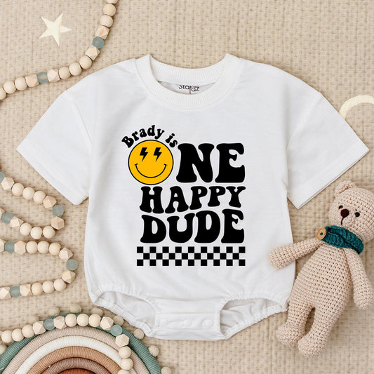 One Happy Dude Birthday Bodysuit Retro Smiley Face First Birthday Outfit Baby Boy Black and White Checkered Birthday Party Outfit Comfortable Cotton Gift (140 chars)