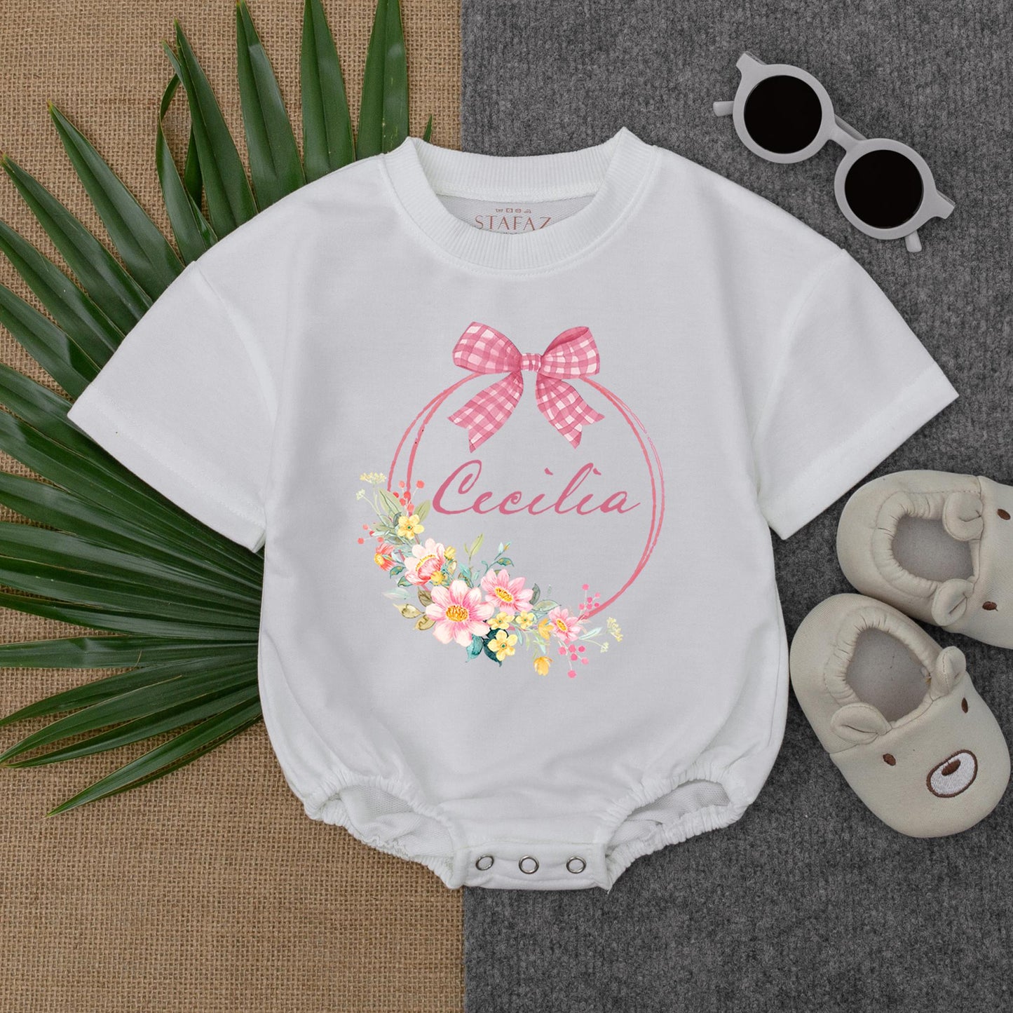 Personalized Baby Girl Romper Cecilia's Floral Wreath Outfit, Gingham Bow, Custom Name Infant Bodysuit, Baby Shower Gift, Cute Newborn Clothes, Pink Flowers