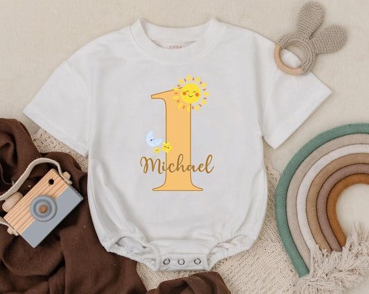 Personalized Sunshine 1st Birthday Outfit Baby Boy, Custom Name Romper, Smash Cake Clothes, First Trip Around the Sun Gift (138 chars)