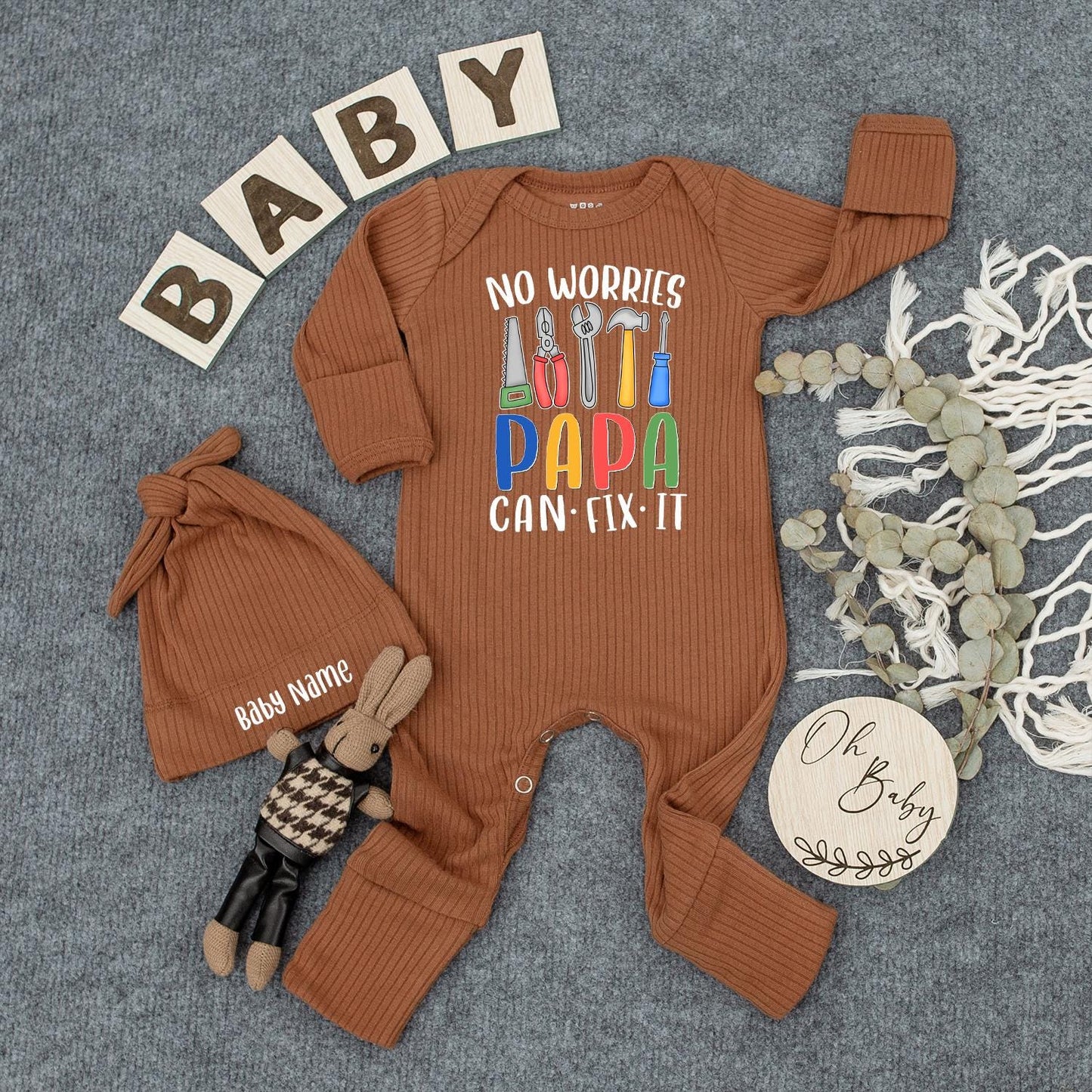 No Worries Papa Can Fix It Baby Bodysuit with Hat Funny Handyman Theme Newborn Romper Set Cute Infant Daddy's Little Helper Perfect Baby Shower Father's Day Gift or Coming Home Outfit