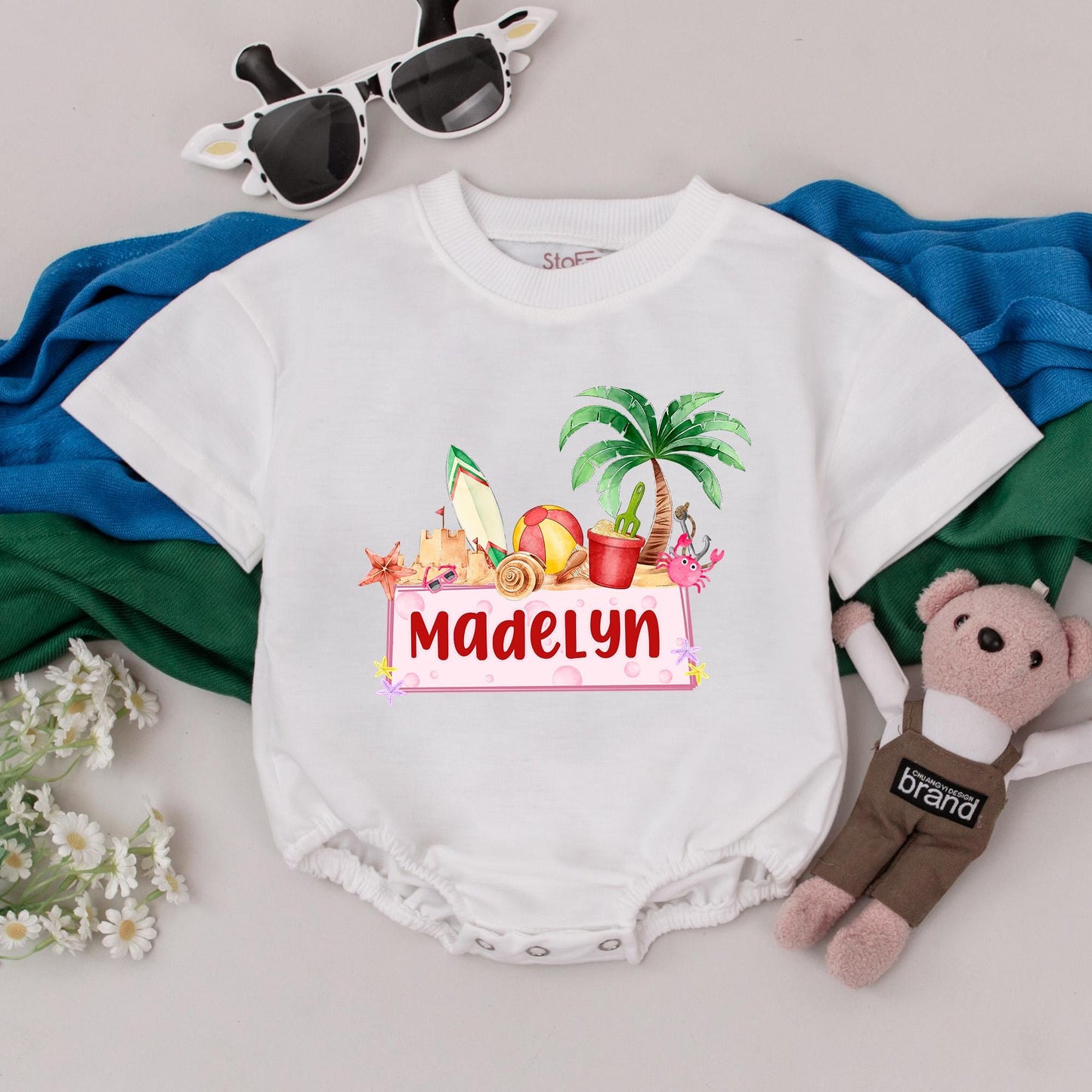 Madelyn's Beach Fun Personalized Romper Custom Name Summer Baby Bodysuit Palm Tree Sandcastle Cute Seaside Outfit