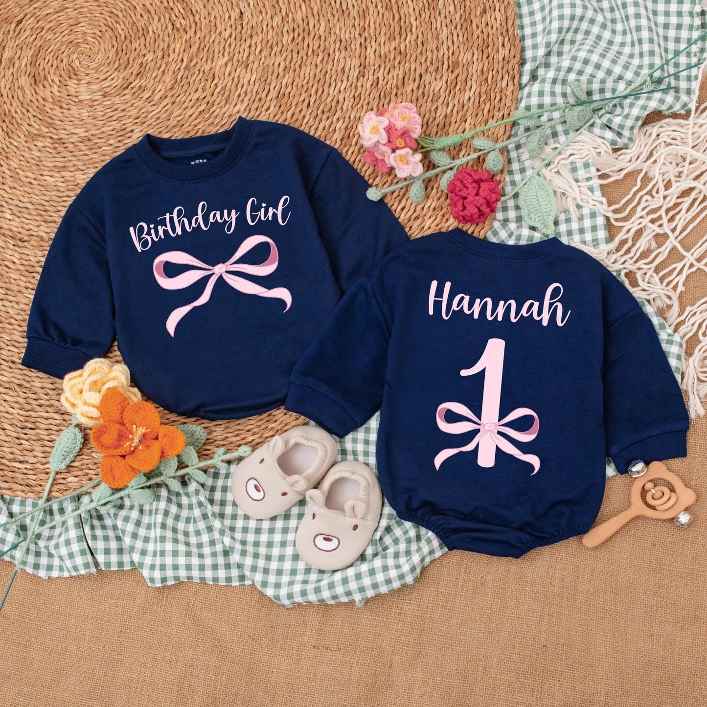 Pink Bow Birthday Girl Romper Personalized First Birthday Bodysuit Baby Girl Clothes Newborn Bubble Romper Girl First Birthday Gift Outfit Custom Name
