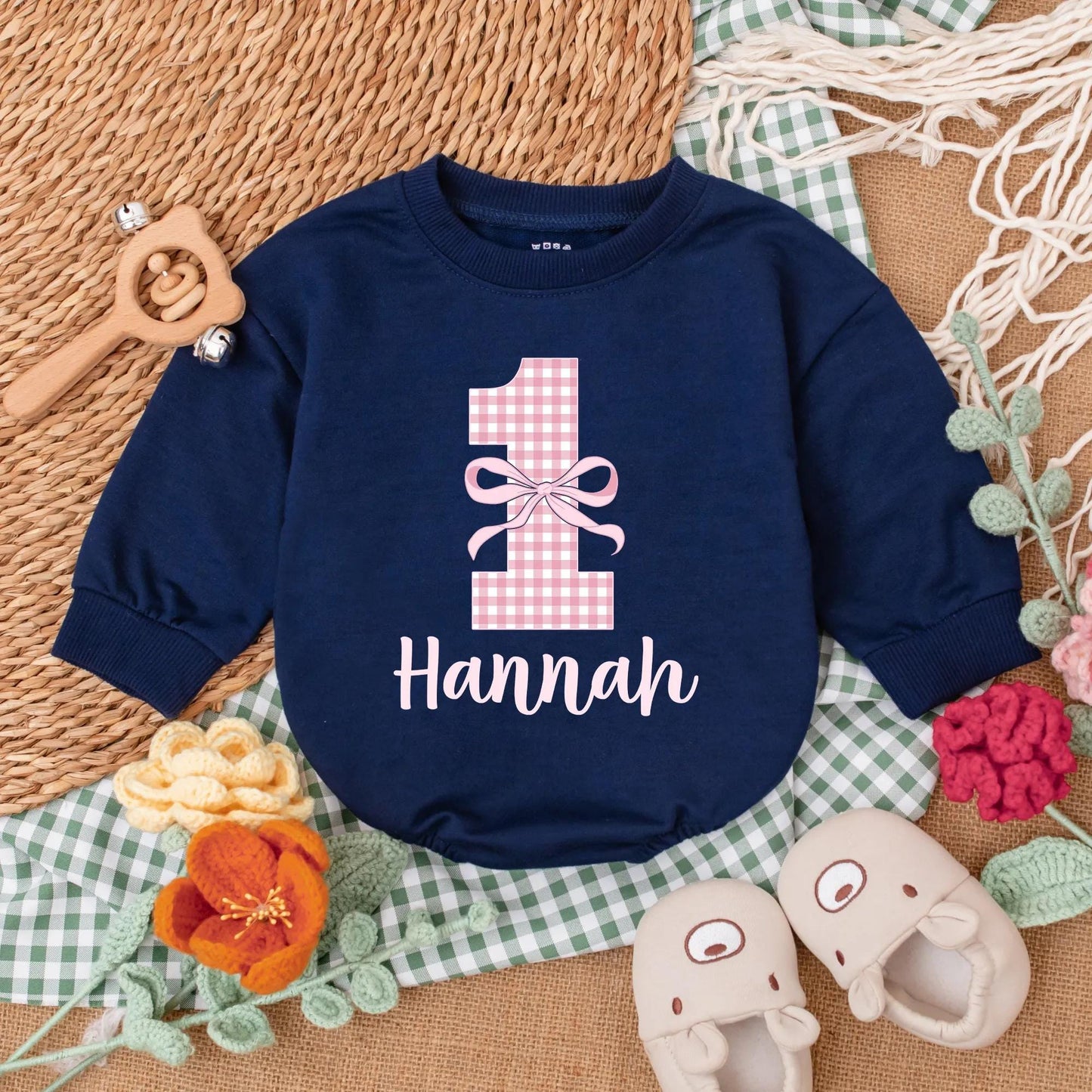 Pink Bow First Birthday Romper Baby Girl Outfit Checkered Bodysuit Girly Party Gift Custom 1st Birthday Clothes