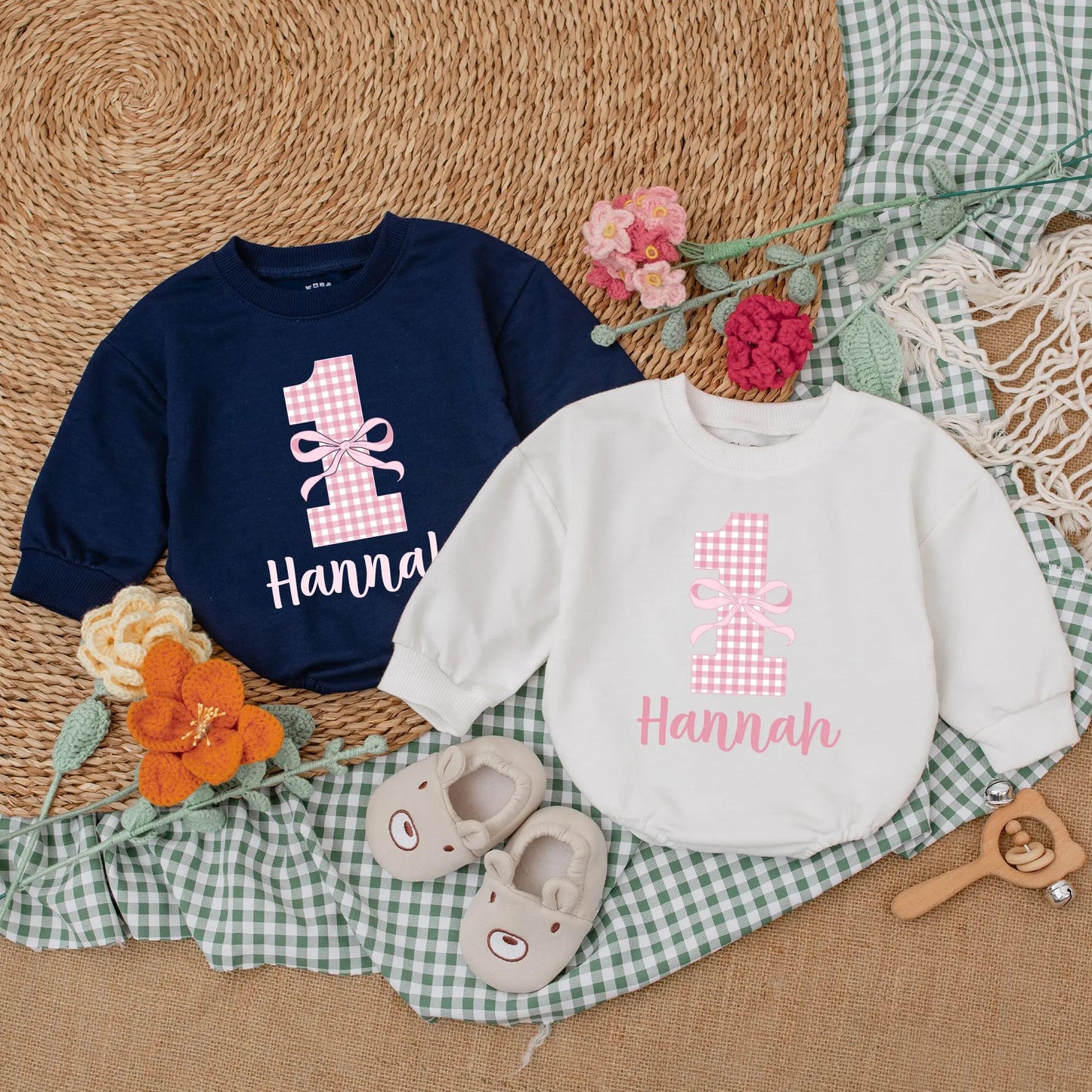 Pink Bow First Birthday Romper Baby Girl Outfit Checkered Bodysuit Girly Party Gift Custom 1st Birthday Clothes