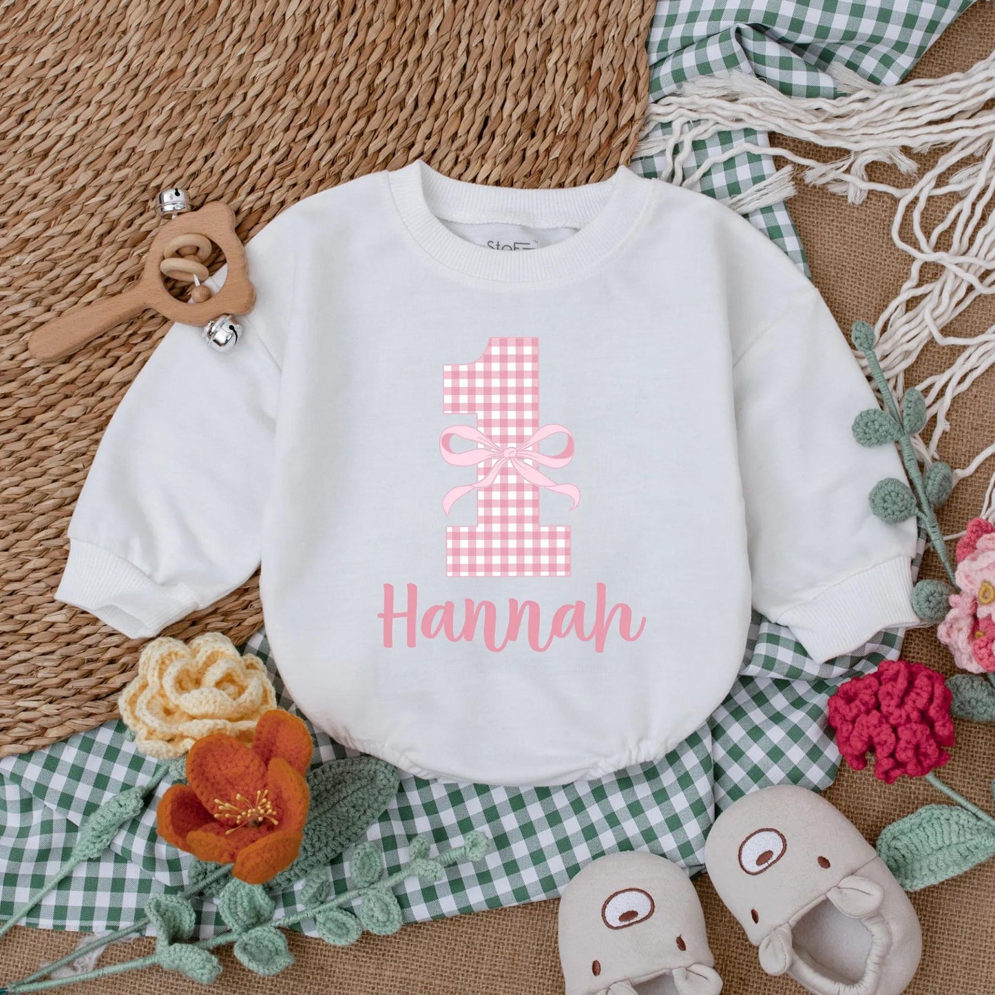 Pink Bow First Birthday Romper Baby Girl Outfit Checkered Bodysuit Girly Party Gift Custom 1st Birthday Clothes