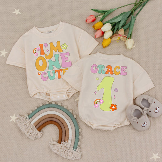Groovy 1st Birthday Girl Romper I'm One Cute Retro Outfit Baby Babysuit One Year Old First Birthday Party Clothes, Rainbows & Flowers