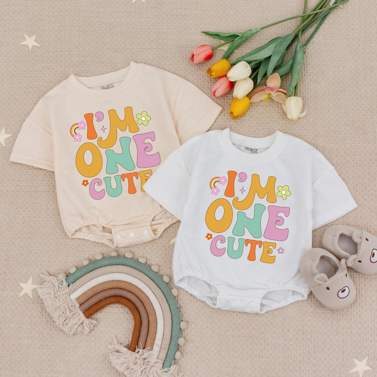 Groovy 1st Birthday Girl Romper I'm One Cute Retro Outfit Baby Babysuit One Year Old First Birthday Party Clothes, Rainbows & Flowers