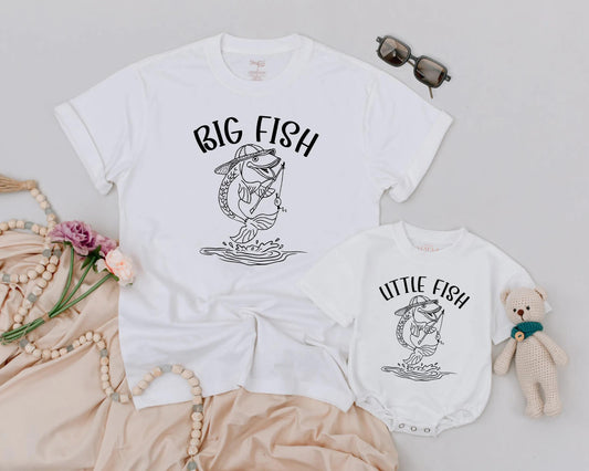 Daddy and Me Big Fish Little Fish Matching Fishing Shirt and Baby Romper Outfit Playful Father Son Line Art Design Father's Day Gift Idea