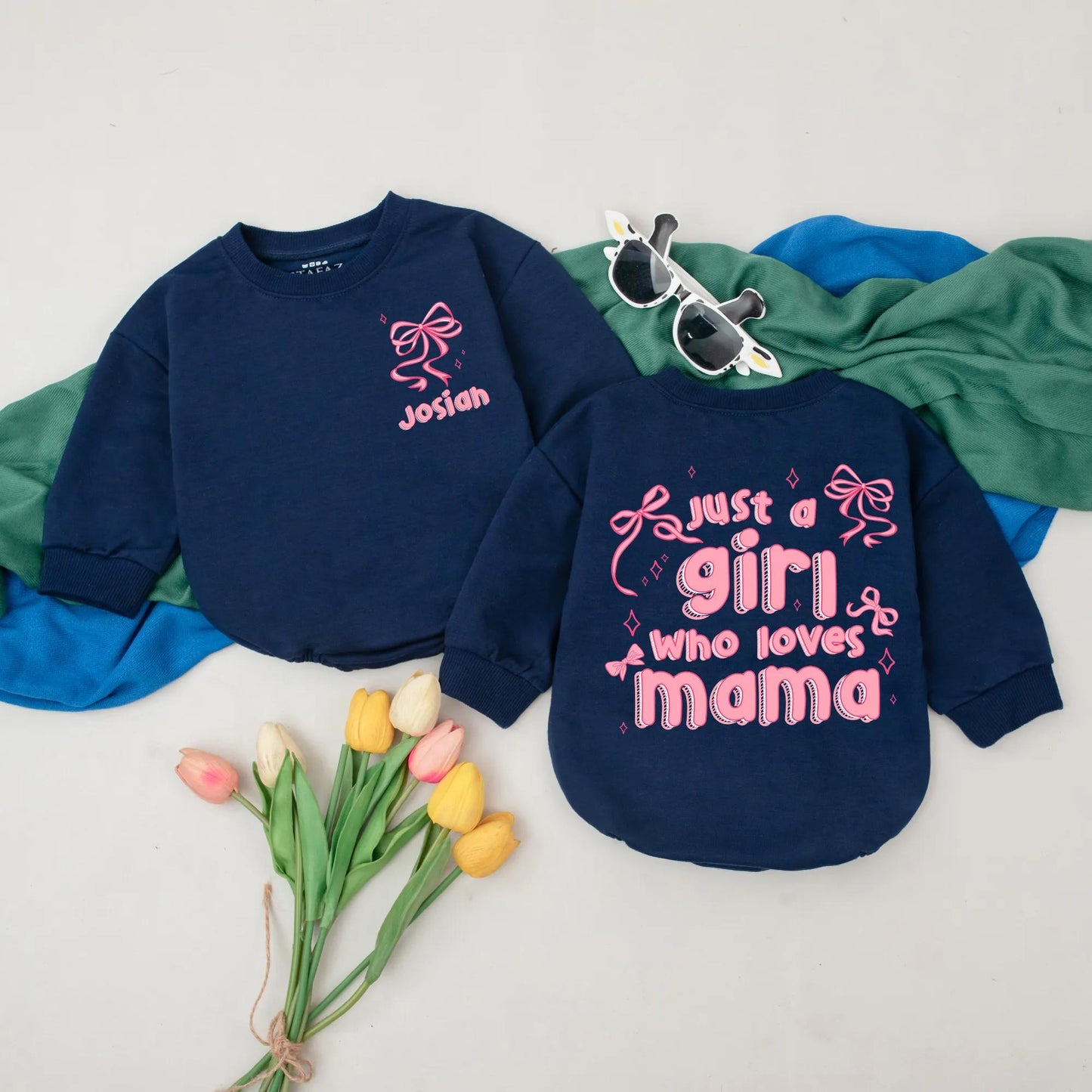 Personalized Just a Girl Who Loves Mama Romper Pink Bow Mommy's Girl Outfit First Mother's Day Gift