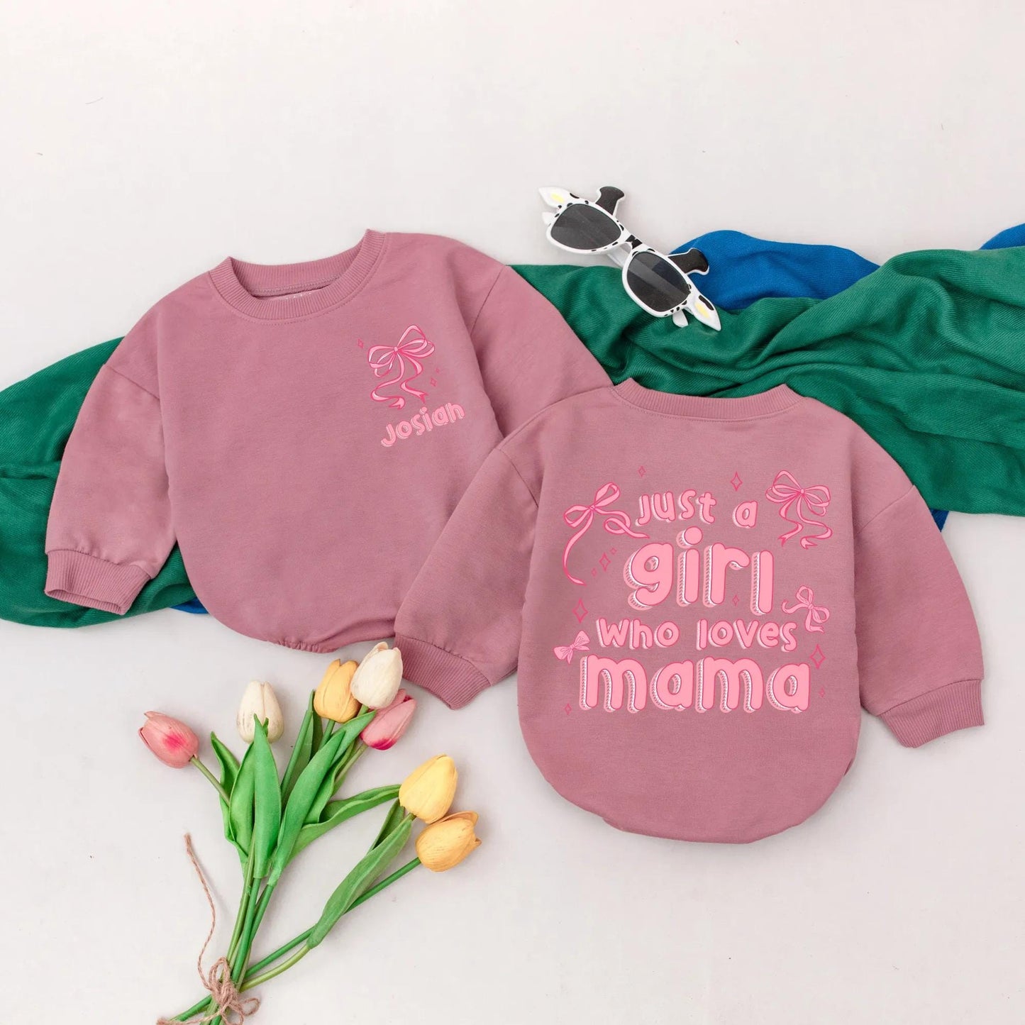 Personalized Just a Girl Who Loves Mama Romper Pink Bow Mommy's Girl Outfit First Mother's Day Gift