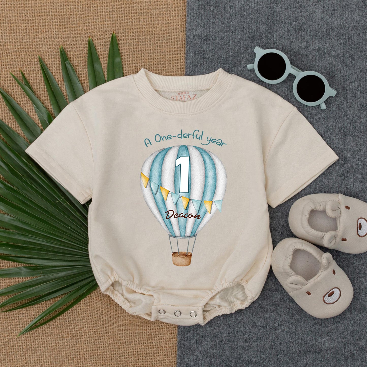 Hot Air Balloon Bubble Romper Neutral First Birthday Outfit Boy Onederful Year Celebration Clothes
