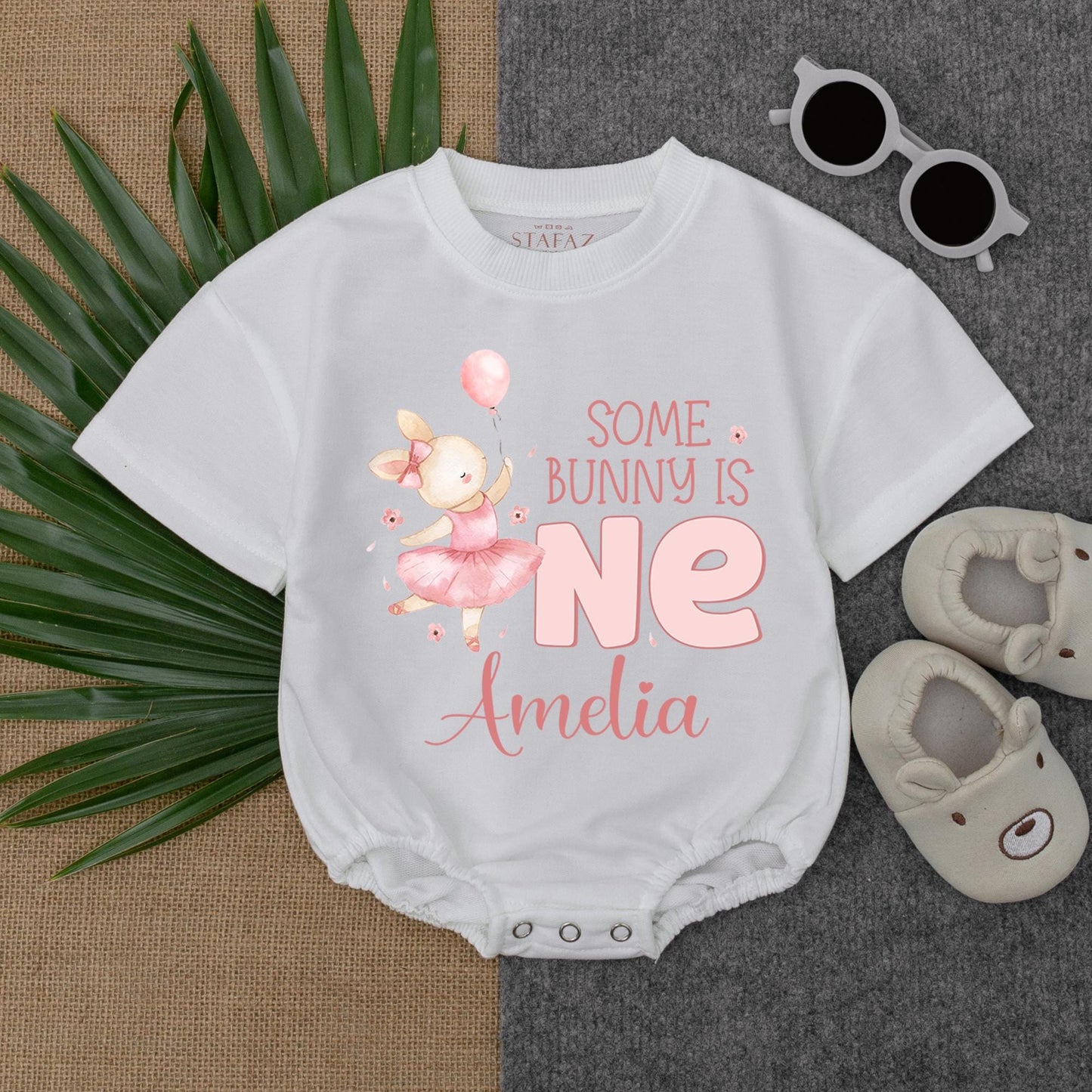 Some Bunny is One Bubble Romper for Baby Girl's First Birthday, Neutral Bunny Outfit, Smash Cake Party Clothes, Shower Gift
