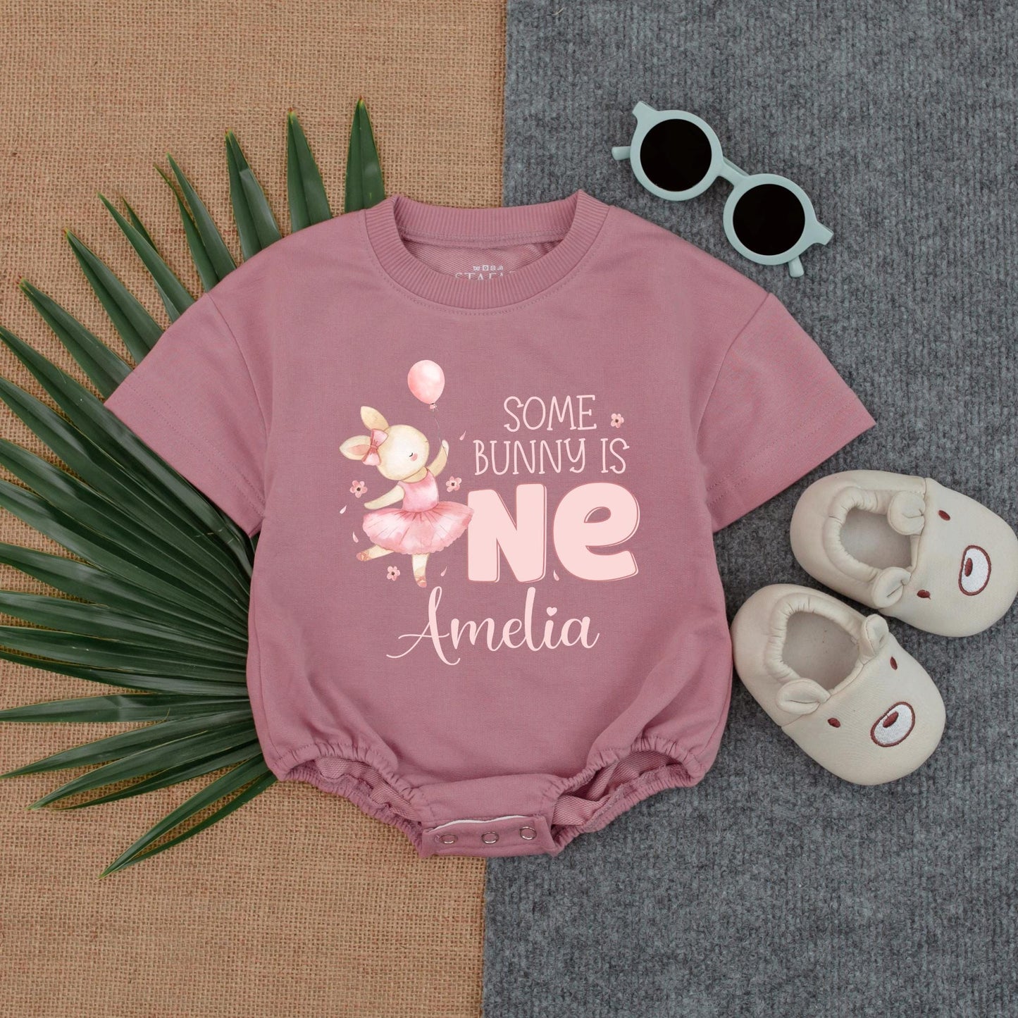 Some Bunny is One Bubble Romper for Baby Girl's First Birthday, Neutral Bunny Outfit, Smash Cake Party Clothes, Shower Gift