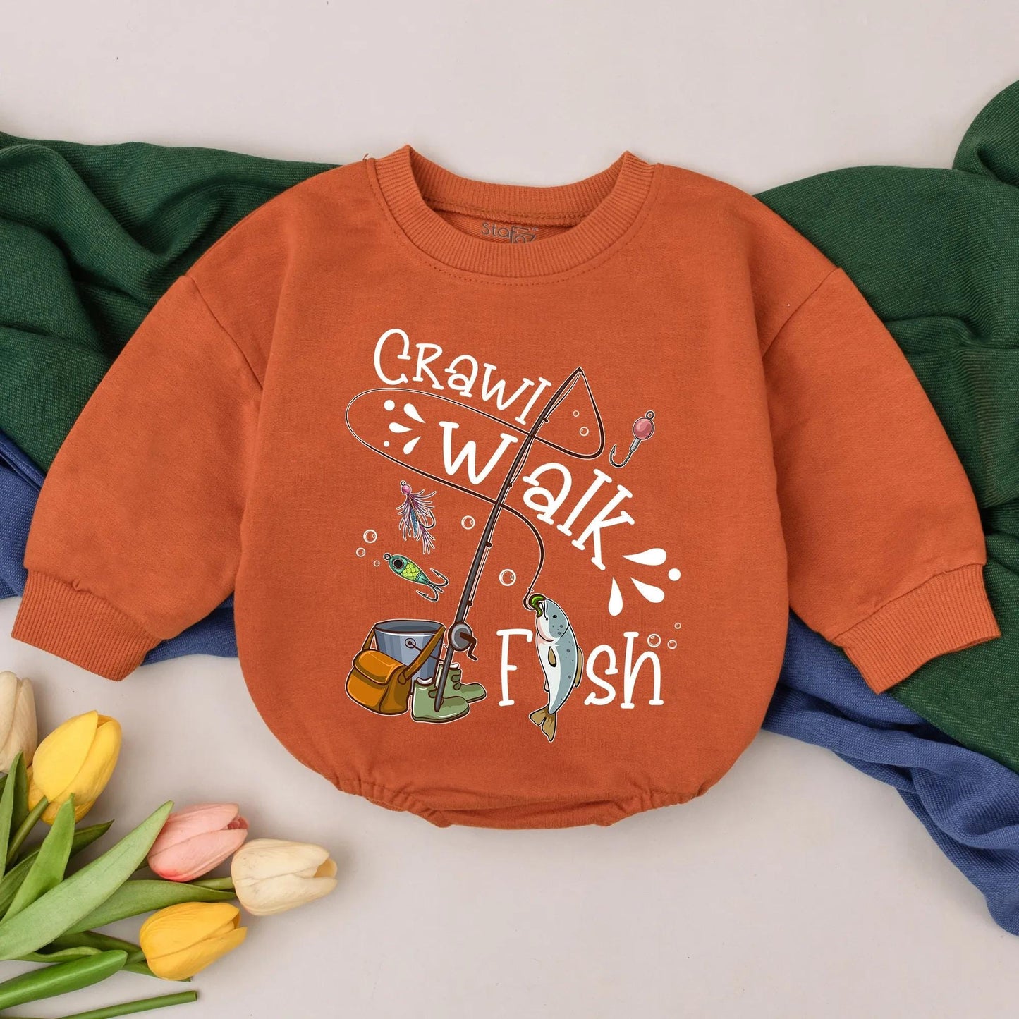 Little Fishing Buddy Romper Set Crawl Walk Fish Outfit Baby Bodysuit Toddler Fishing Gift Father's Day Clothes Beige Infant Fisherman Applique 138