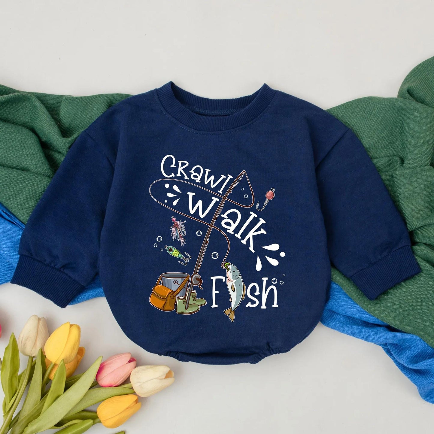 Little Fishing Buddy Romper Set Crawl Walk Fish Outfit Baby Bodysuit Toddler Fishing Gift Father's Day Clothes Beige Infant Fisherman Applique 138