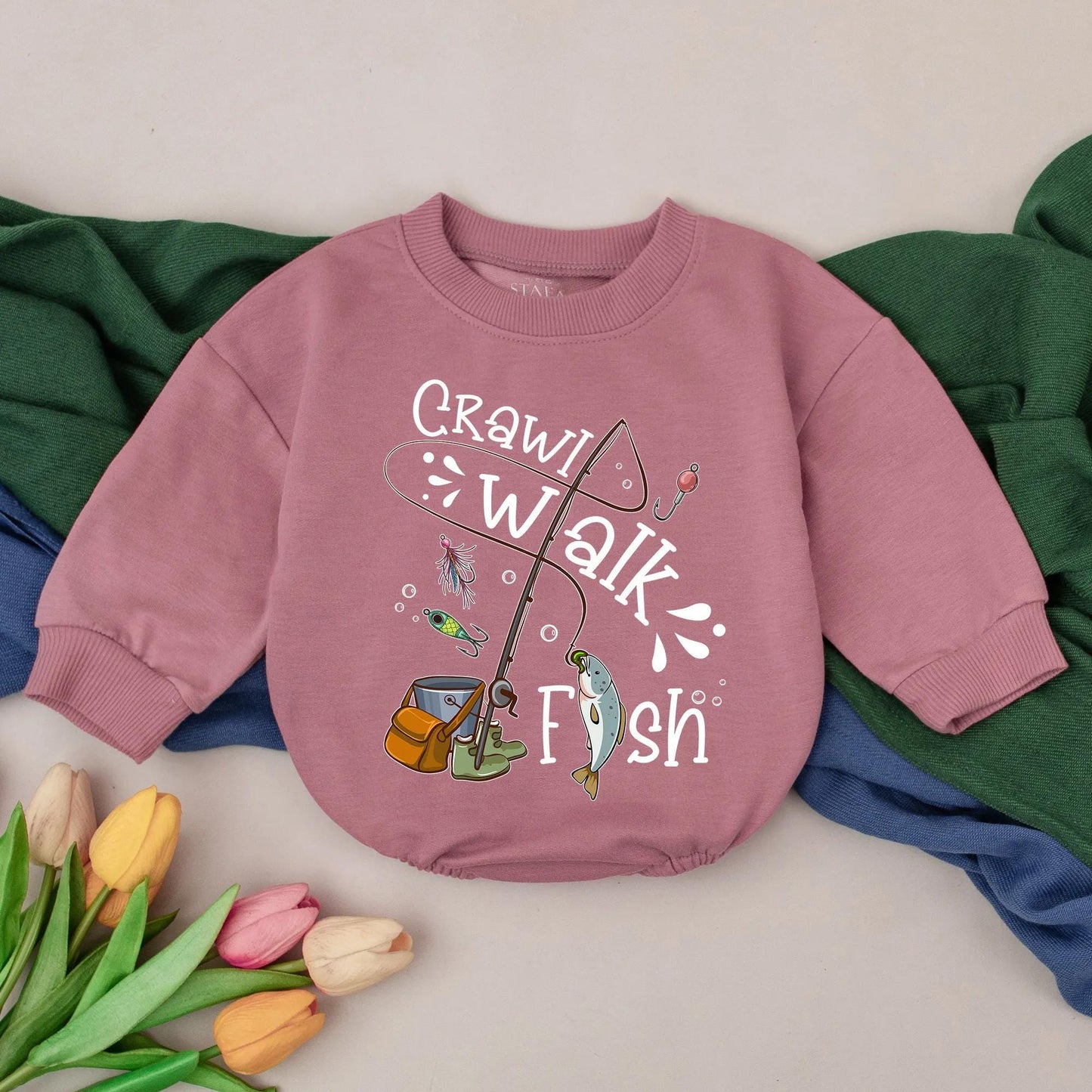 Little Fishing Buddy Romper Set Crawl Walk Fish Outfit Baby Bodysuit Toddler Fishing Gift Father's Day Clothes Beige Infant Fisherman Applique 138