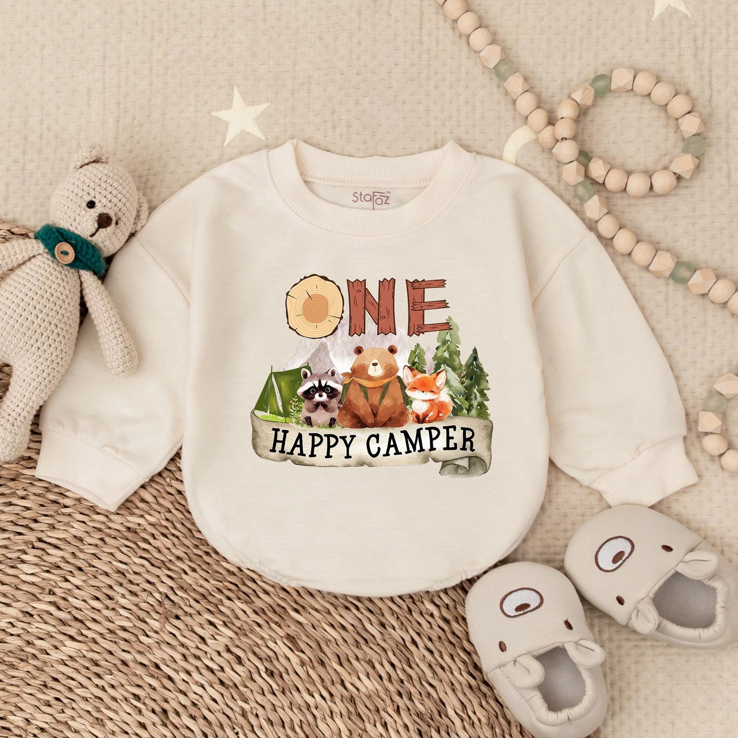 One Happy Camper Bubble Romper Adventure Birthday Bodysuit for Boys First Birthday Outfit Camping Theme Celebration