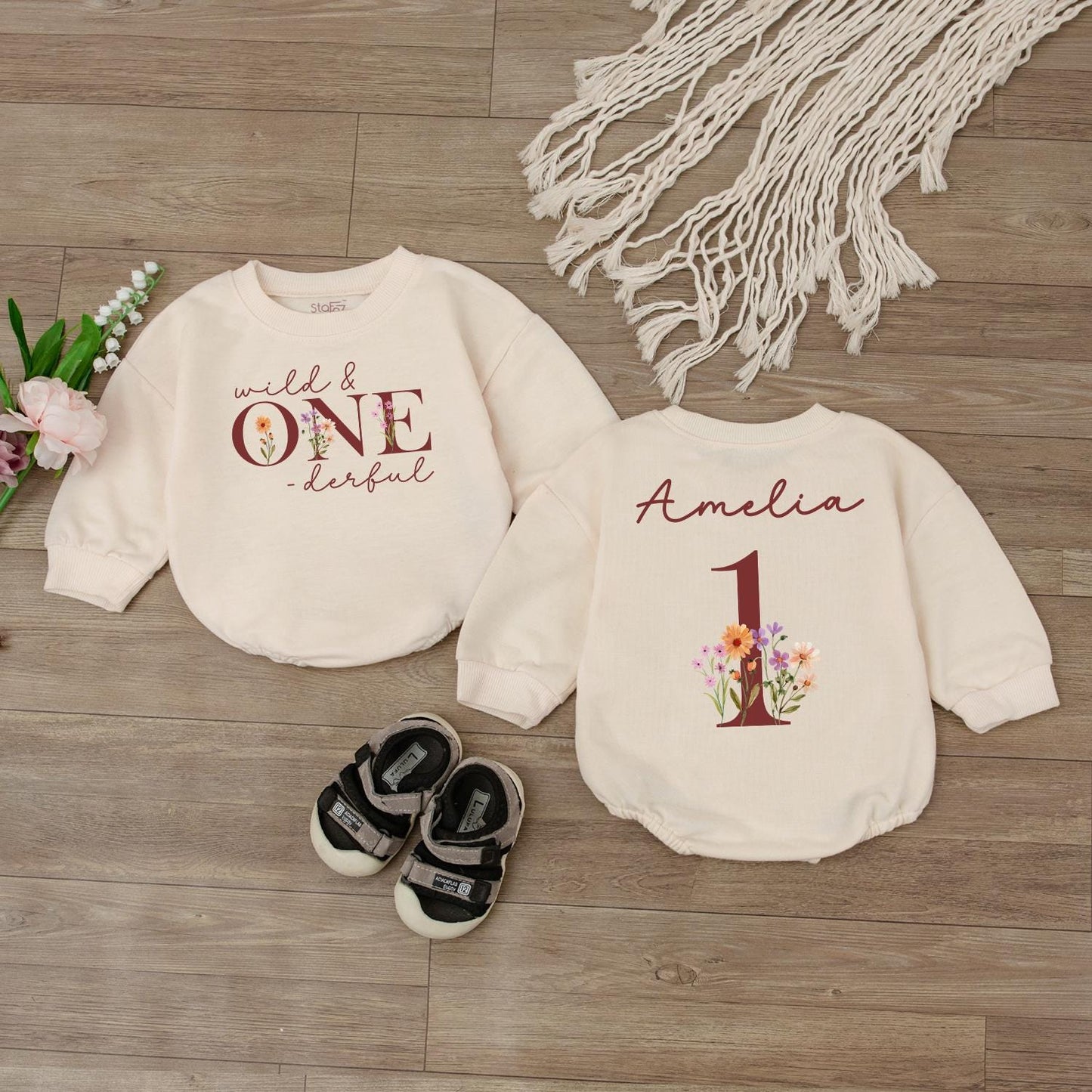 Wild ONEderful Baby Romper - Personalized Toddler Floral First Birthday Outfit - Custom Name Bodysuit - Soft Infant Clothes - Boho Baby Gift