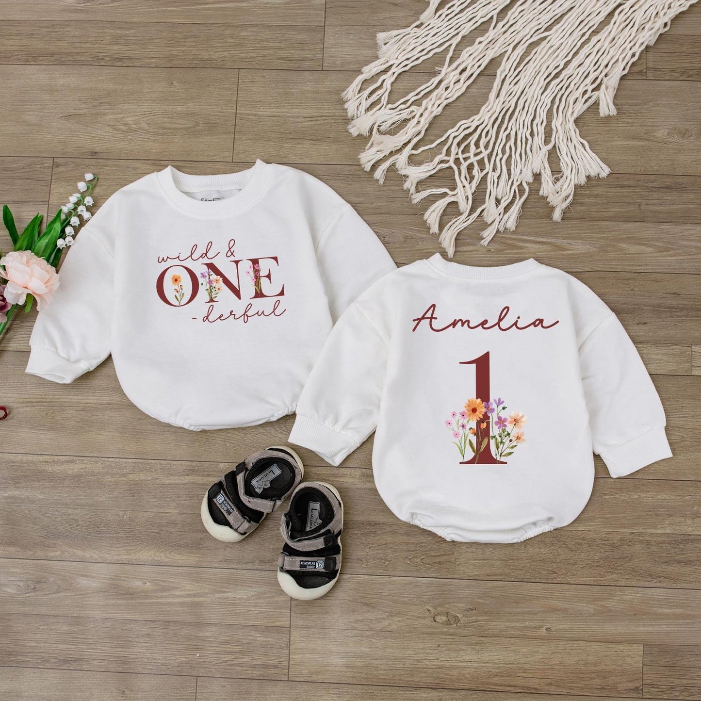 Wild ONEderful Baby Romper - Personalized Toddler Floral First Birthday Outfit - Custom Name Bodysuit - Soft Infant Clothes - Boho Baby Gift