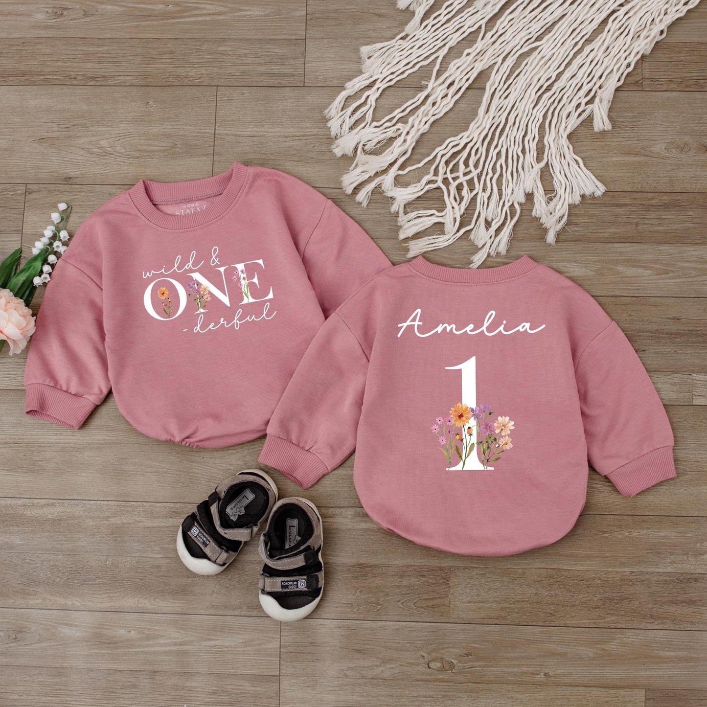 Wild ONEderful Baby Romper - Personalized Toddler Floral First Birthday Outfit - Custom Name Bodysuit - Soft Infant Clothes - Boho Baby Gift